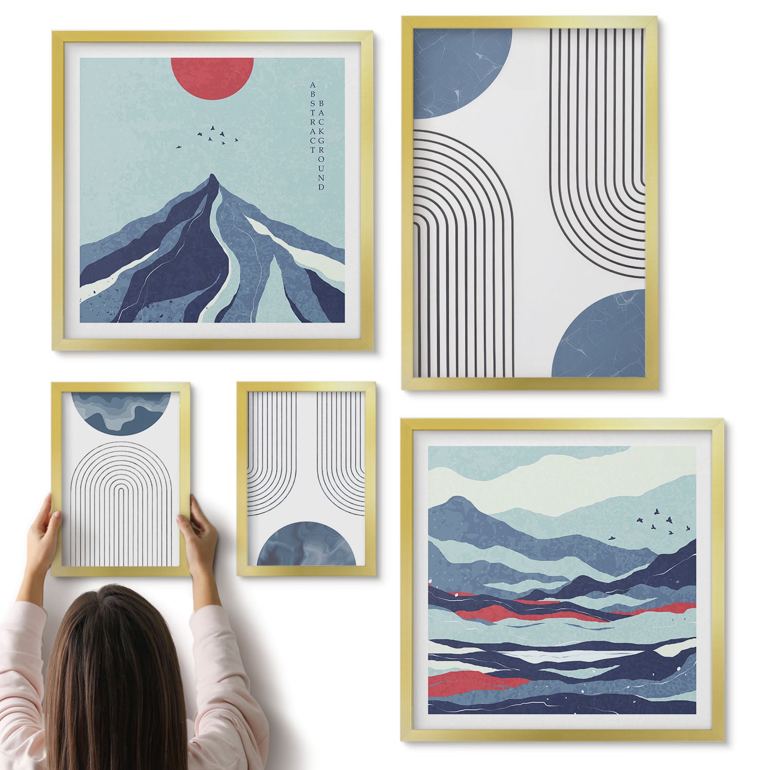 Galeria ścienna 5-częściowy komplet obrazów w złotych ramach - Abstrakcyjne pejzaże z geometrycznymi kształtami i kolorami - ArtPrintCave