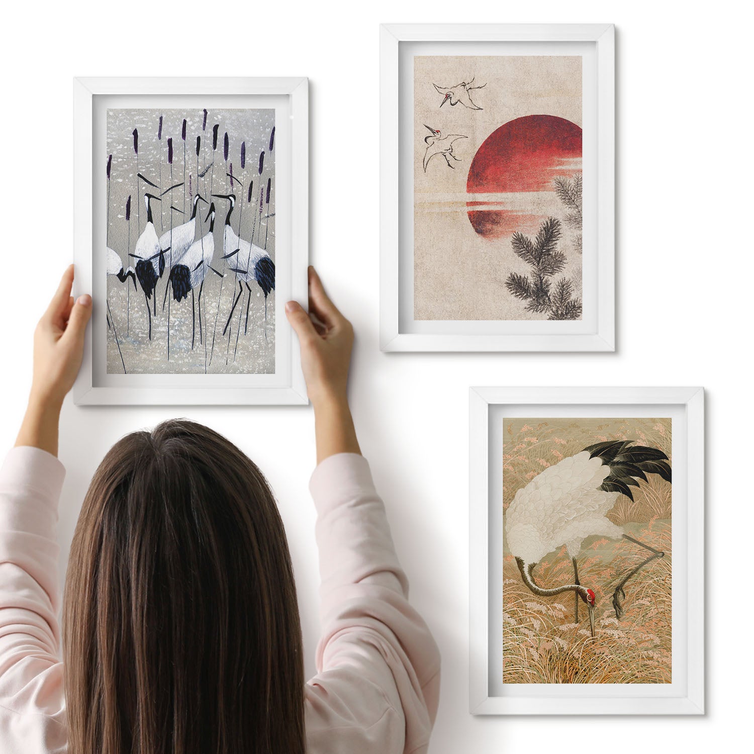 Galeria ścienna 3-częściowy komplet obrazów w białych ramach - Japońskie ilustracje żurawi krajobraz japandi - ArtPrintCave