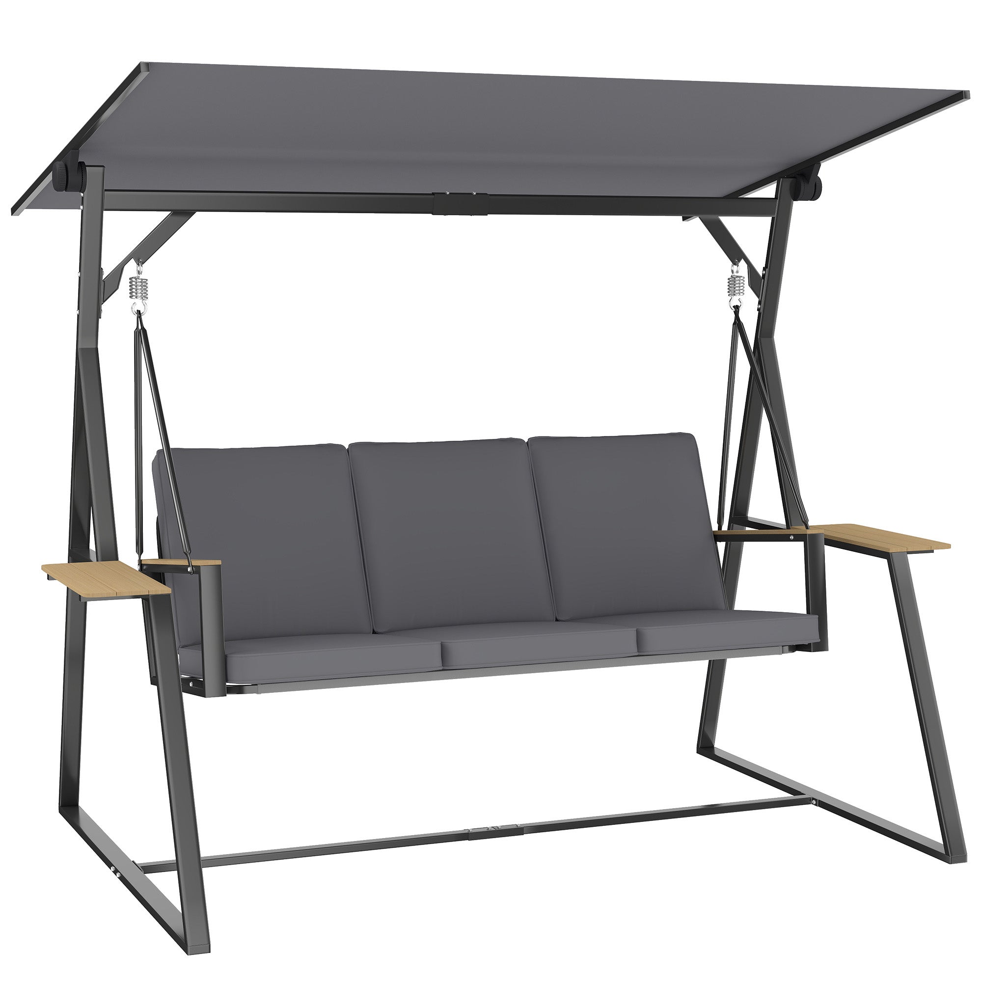 3-siedzisko zewnętrzny huśtawka ogrodowa z regulowany daszek, 2 Trays, poduszki i rama metalowa, 360 kg nośność, szary
