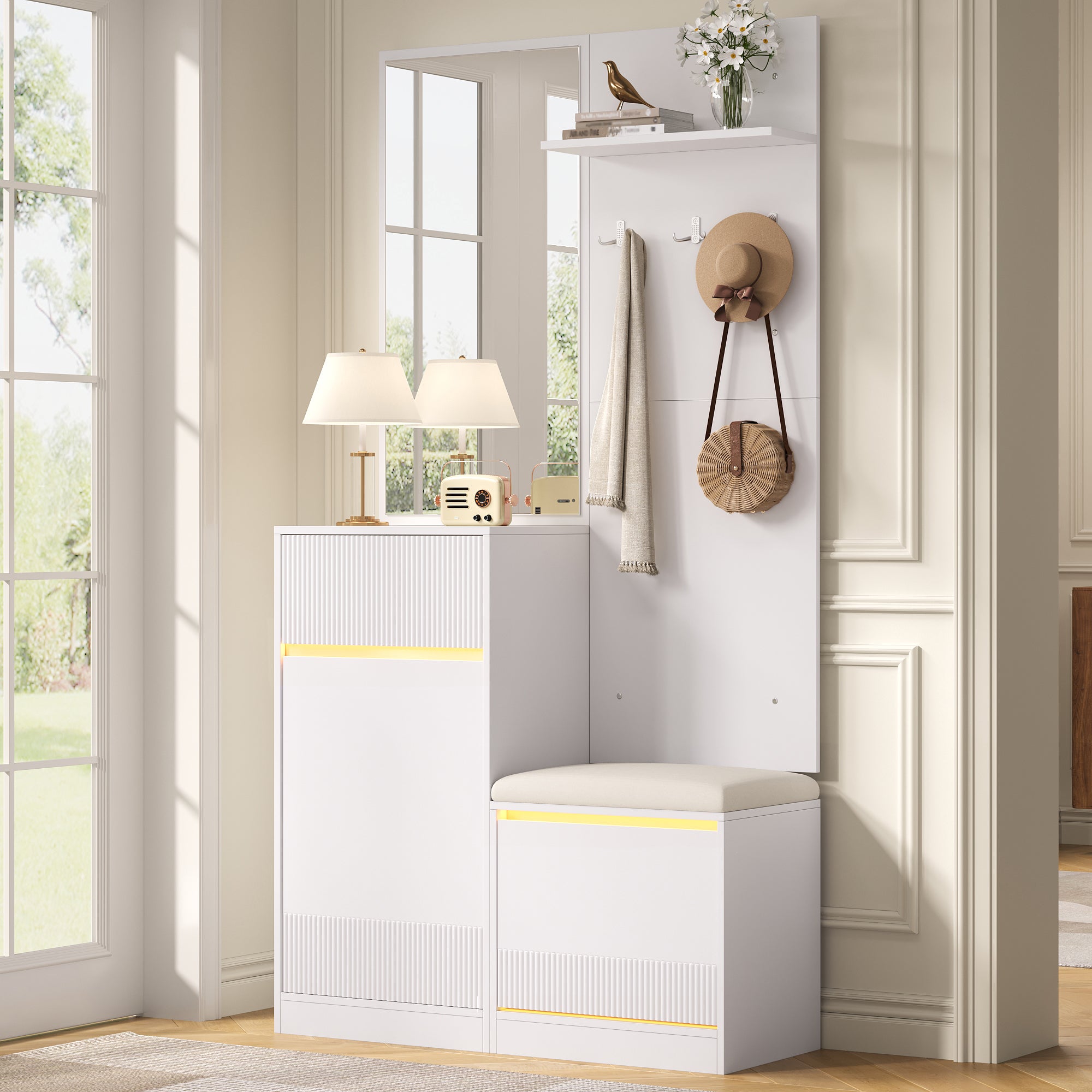 Szafka na buty z lustrem, ławką, wieszakami, 2 drzwiami, 1 szufladą i oświetleniem LED - MDF i płyta wiórowa - 105 x 38 x 190 cm - biała