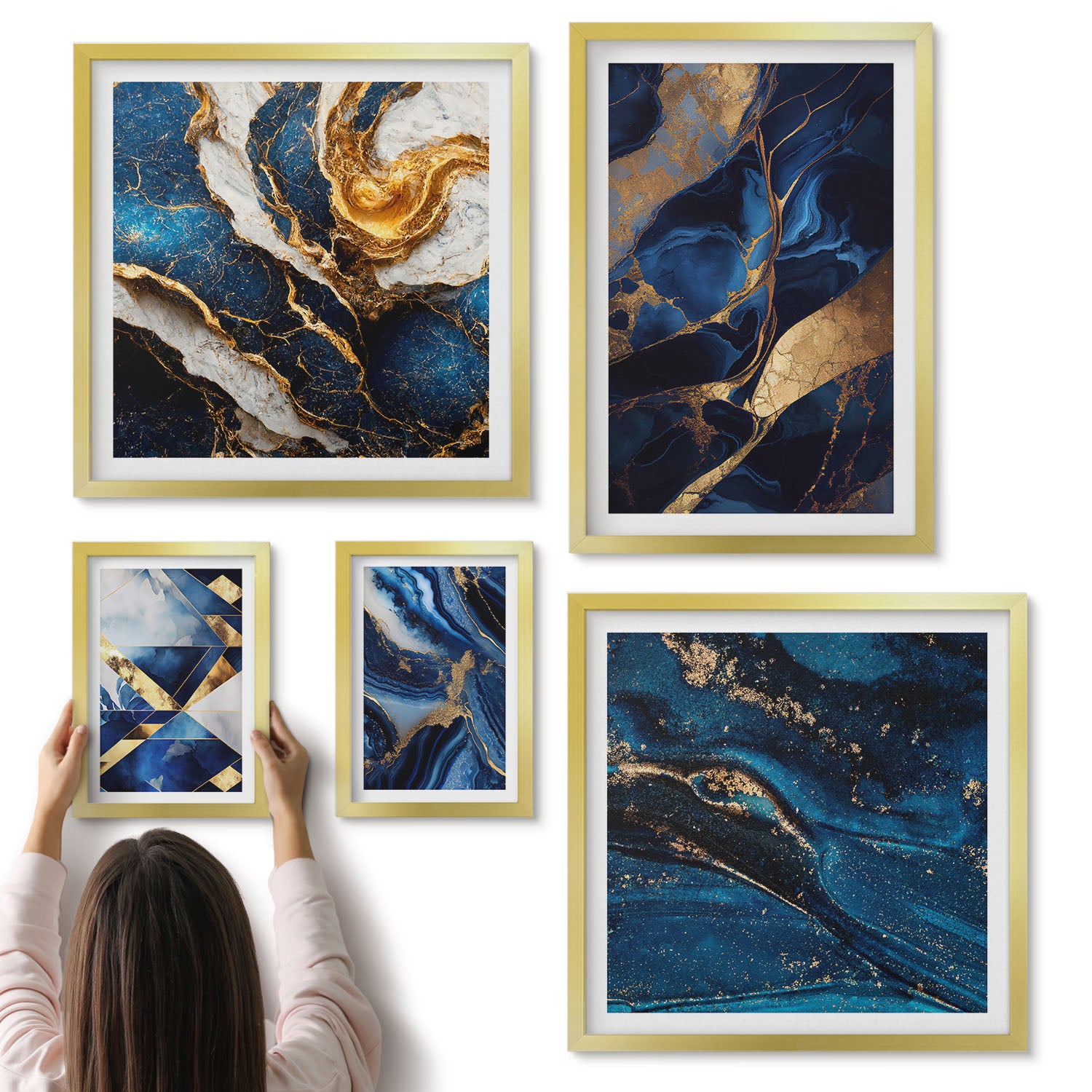 Galeria ścienna 5-częściowy komplet obrazów w złotych ramach - Abstrakcyjne wzory w odcieniach niebieskiego - ArtPrintCave