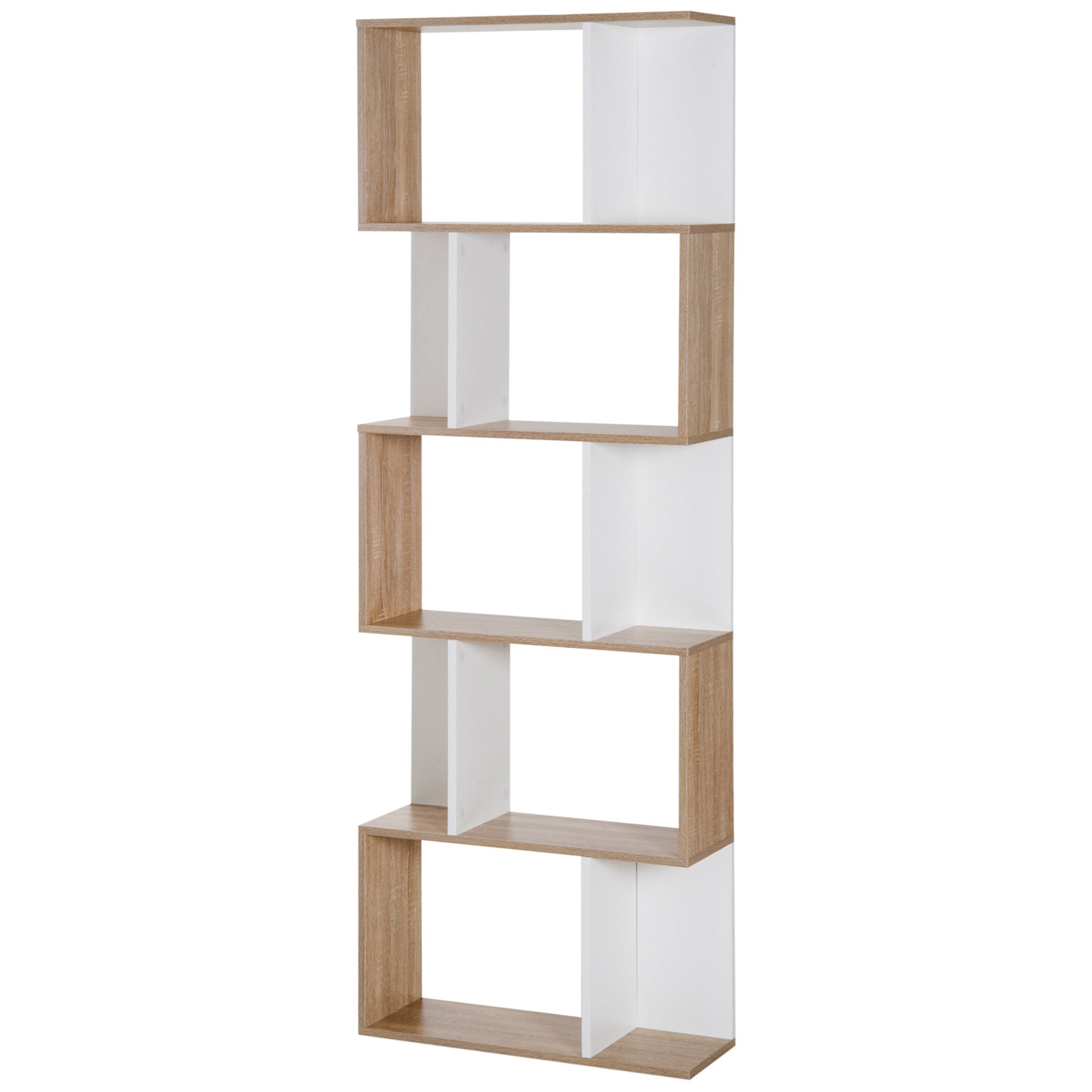 Wysoka, w kształcie litery S, regał na książki z 5 półkami, nowoczesny design do salonu lub biura, 60 x 24 x 184,5 cm, kolor biały i drewno