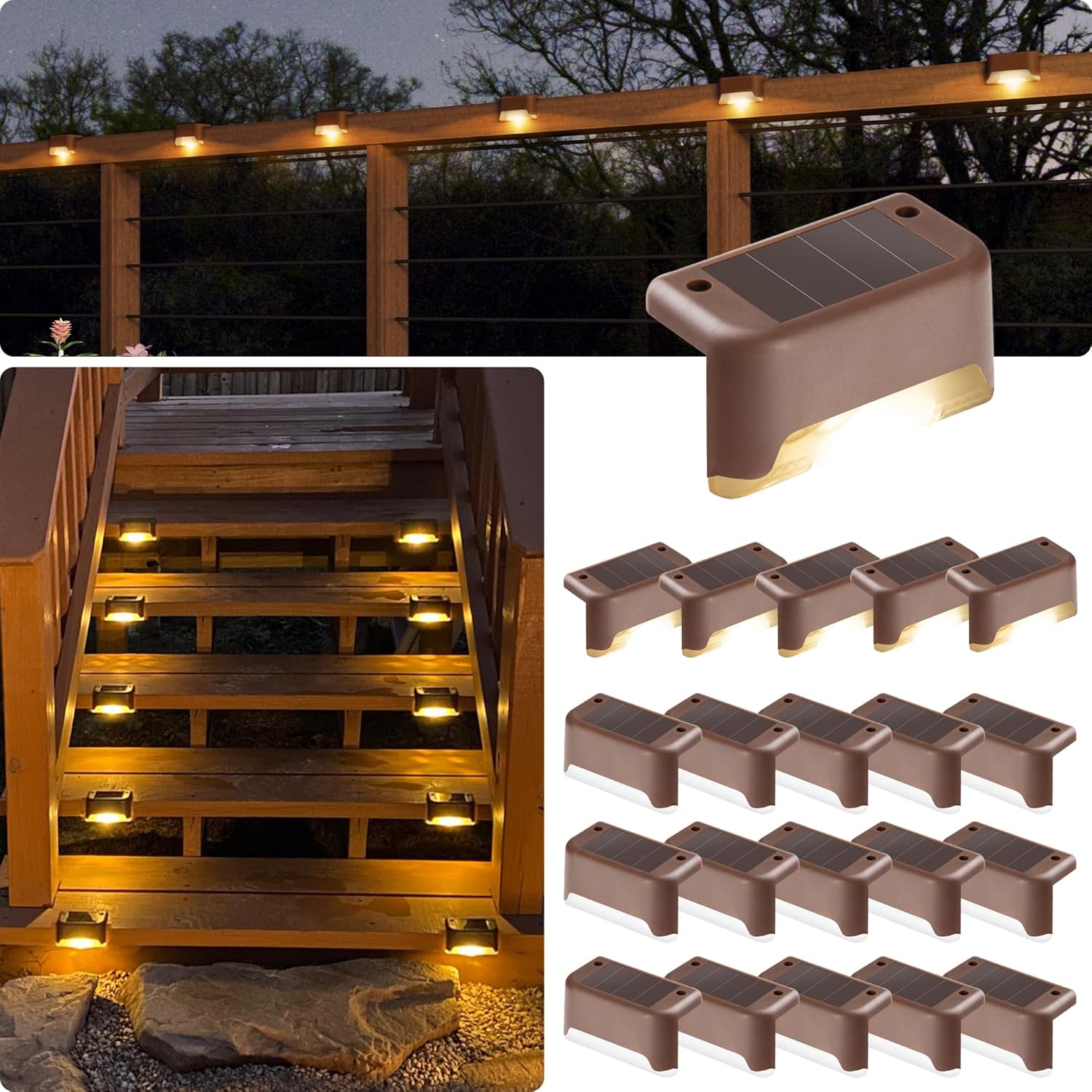 20 sztuk wodoodpornych lamp solarnych LED do tarasów, schodów, stopni, balustrad i patio na zewnątrz (ciepła biel, brąz)
