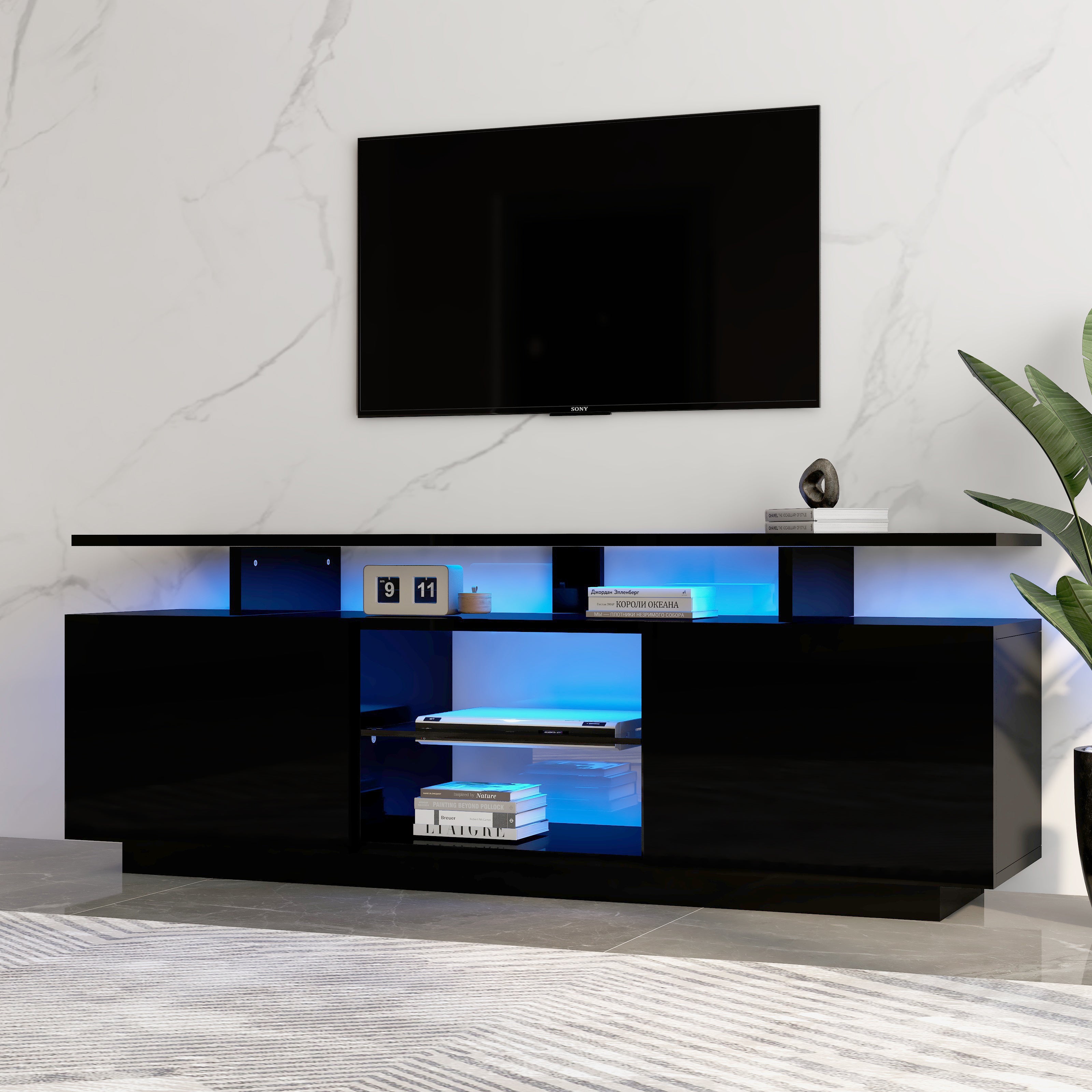 TV-Schrank czarny z LED 16 kolorów, 140cm, do telewizorów 60-calowych