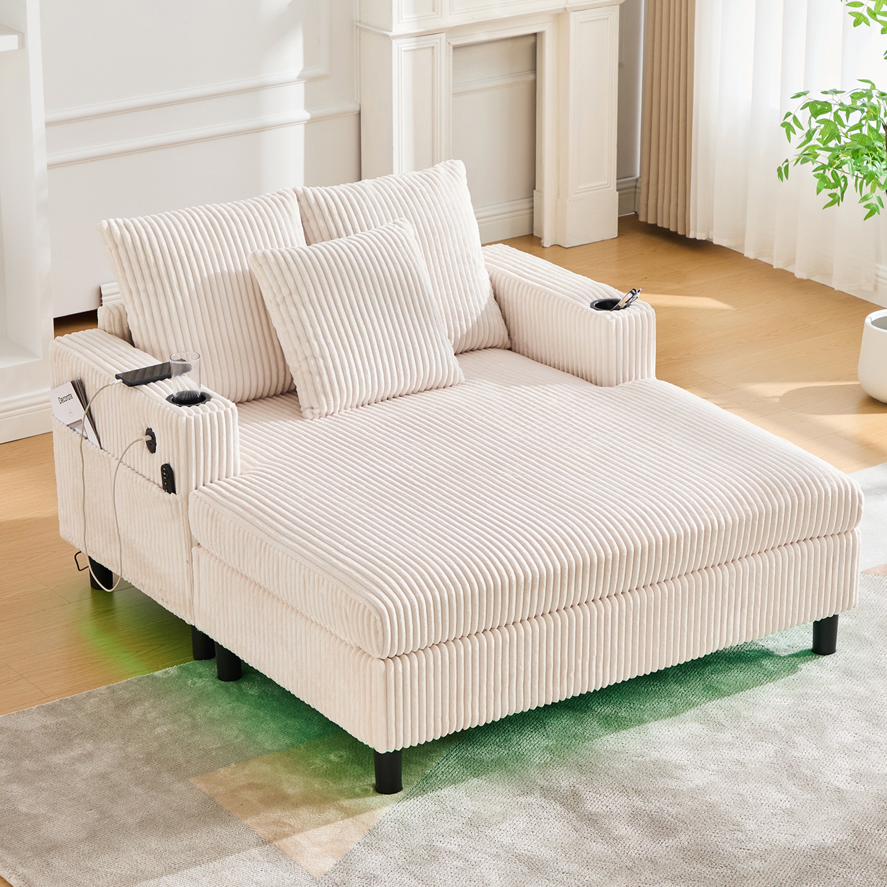 Szezlong Fotel Relaksacyjny ze Sztruksu, Sofa XXL z Portem USB i Uchwytem na Kubek do Salonu