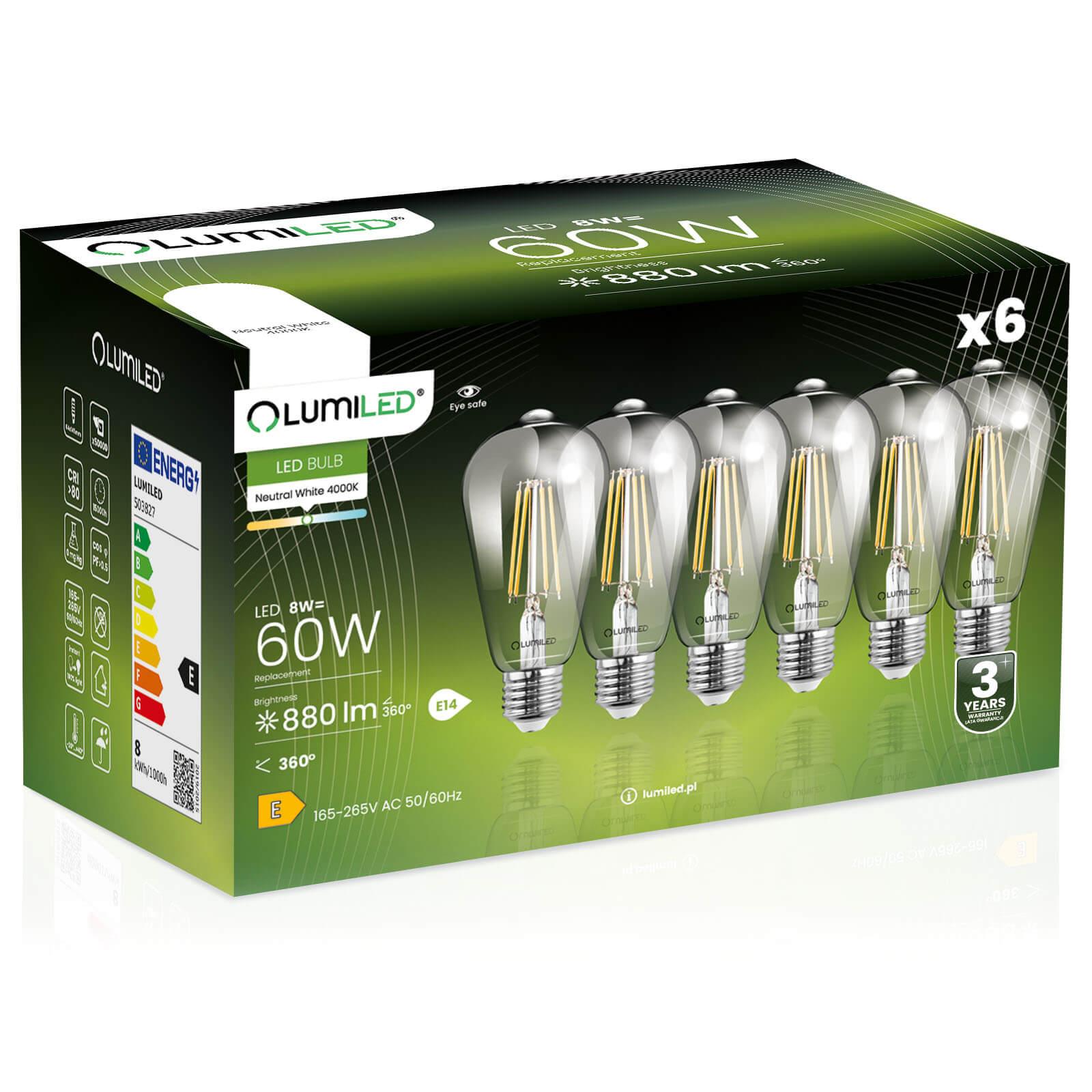 6x Żarówka Lumiled LED E27 Edison ST64 8W = 60W 880lm 4000K Neutralna 360st Filament