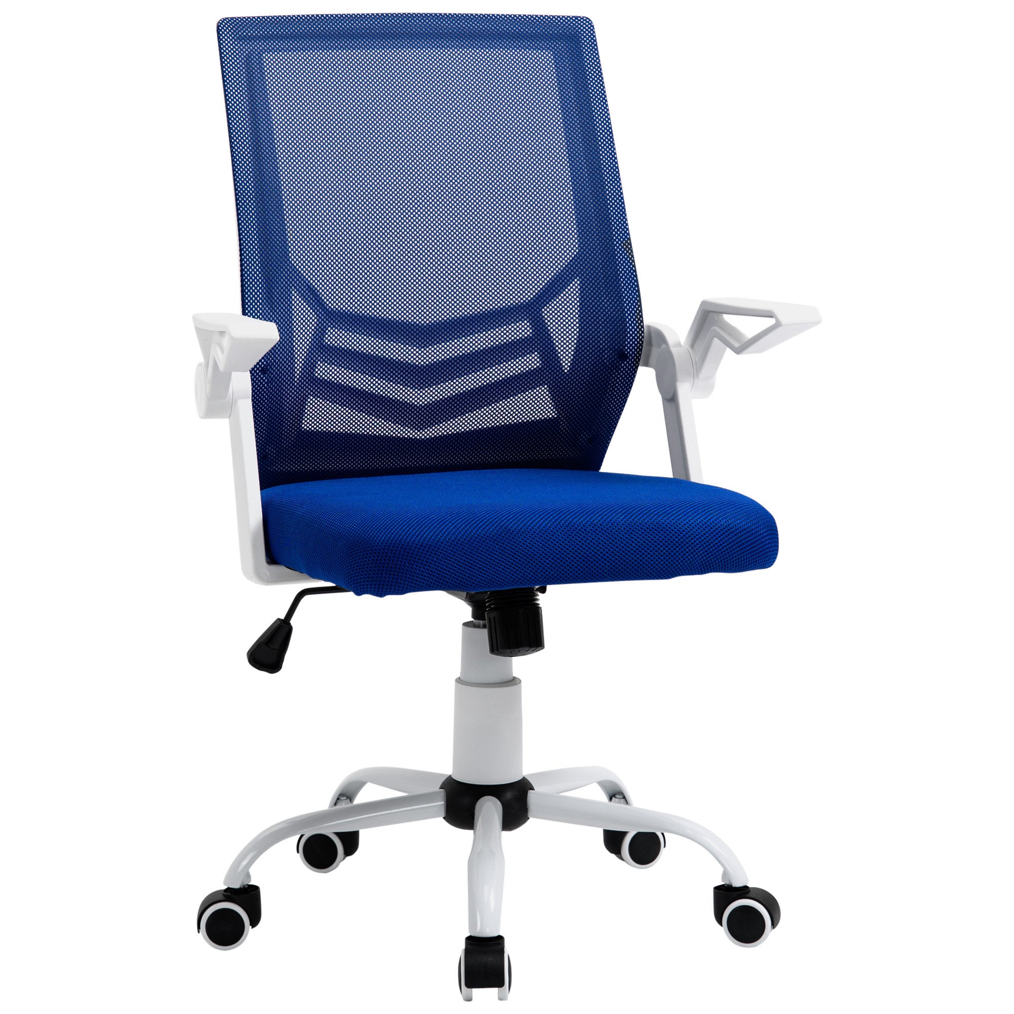Ergonomiczny fotel biurowy z siatkowym oparciem, składanymi podłokietnikami i obrotowym siedziskiem