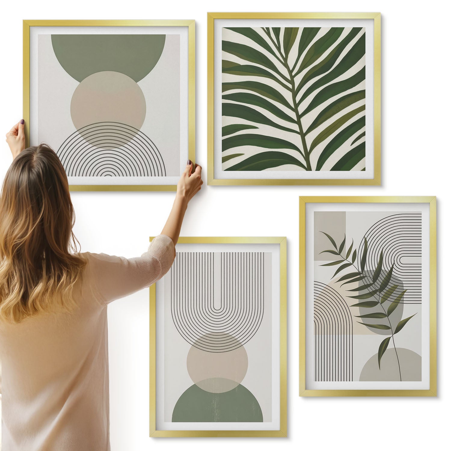 Galeria ścienna 4-częściowy komplet obrazów w złotych ramach - Abstrakcyjne kształty i liście styl boho - ArtPrintCave