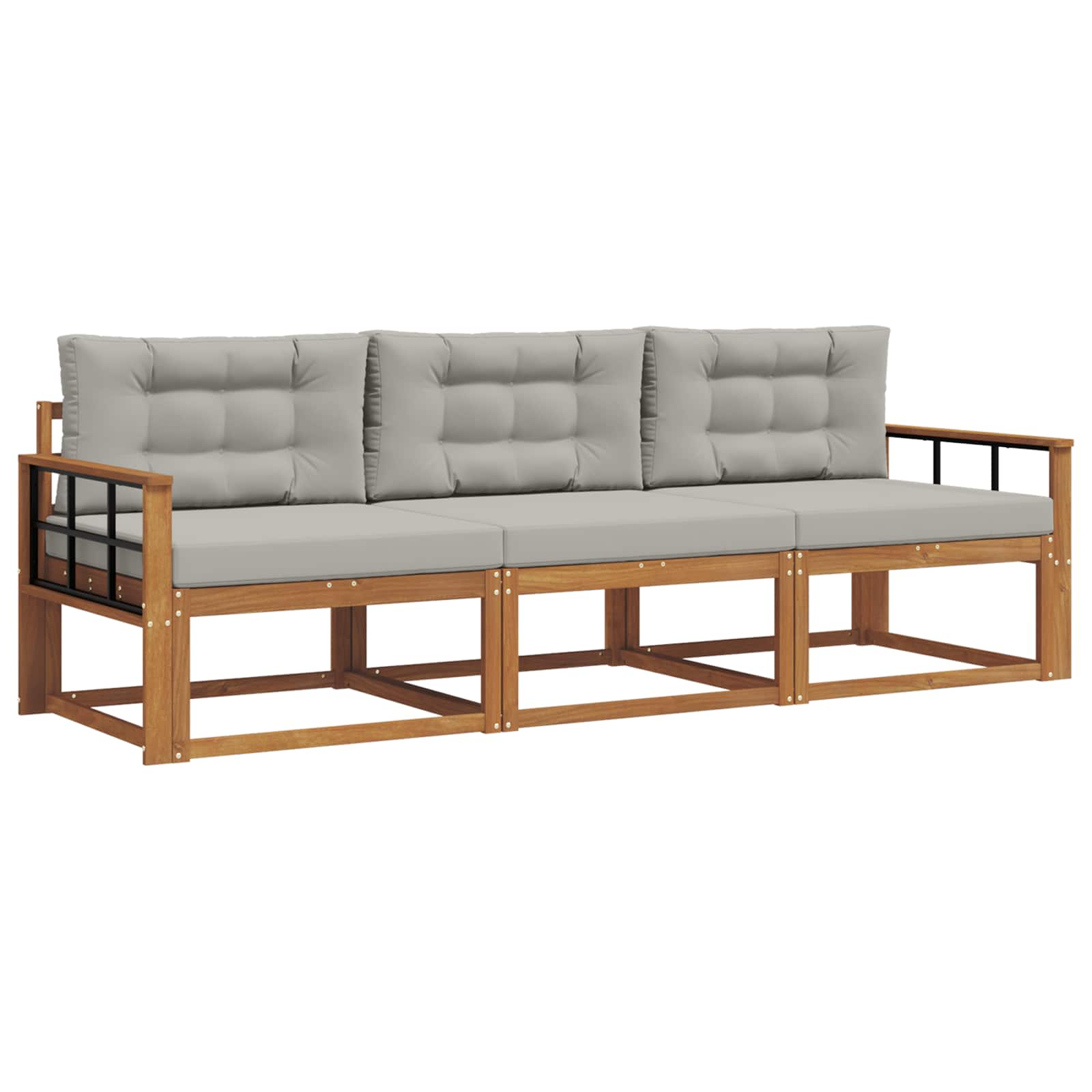 Sofa Ogrodowa Modułowa 3-Osobowa Drewniana z Szarymi Poduszkami na Taras