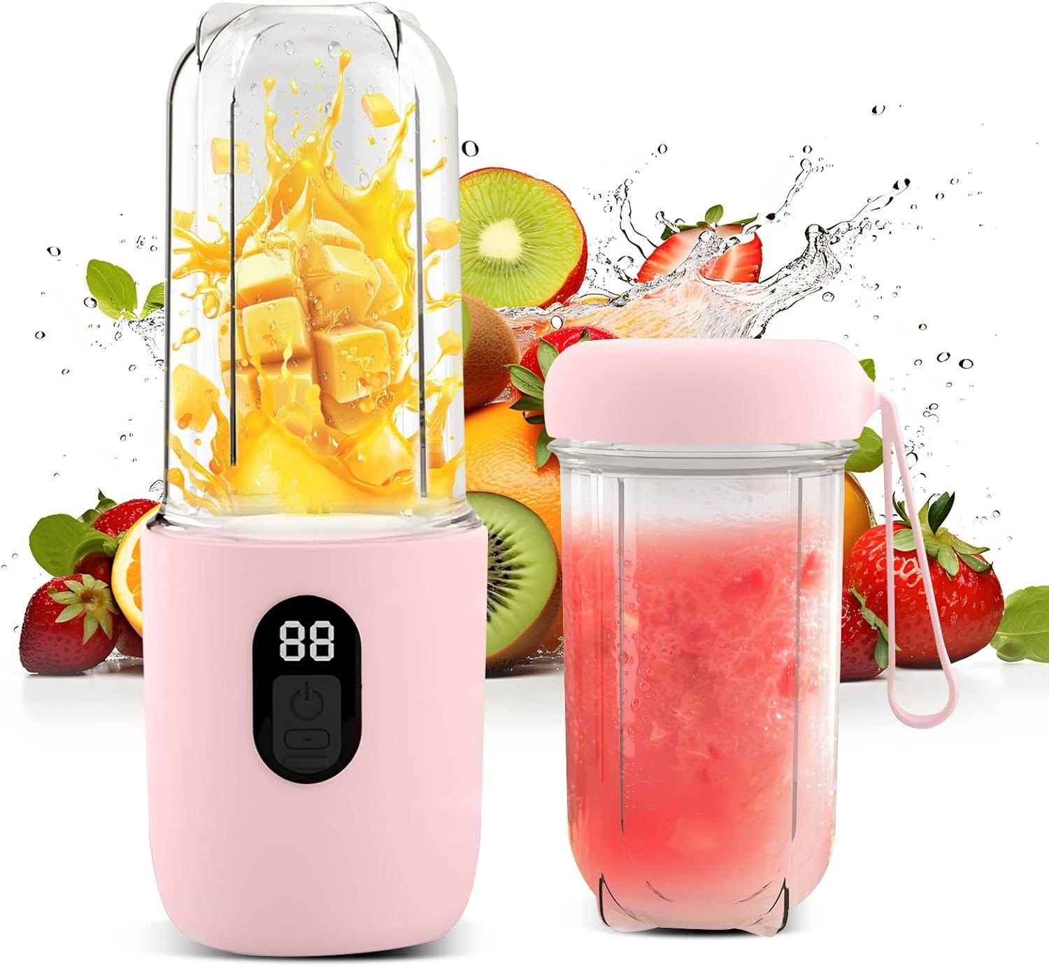 Różowy blender przenośny z wyświetlaczem cyfrowym – 500 ml – 1500 mAh – USB-C – 16 ostrzy ze stali nierdzewnej – bezprzewodowy – mini blender