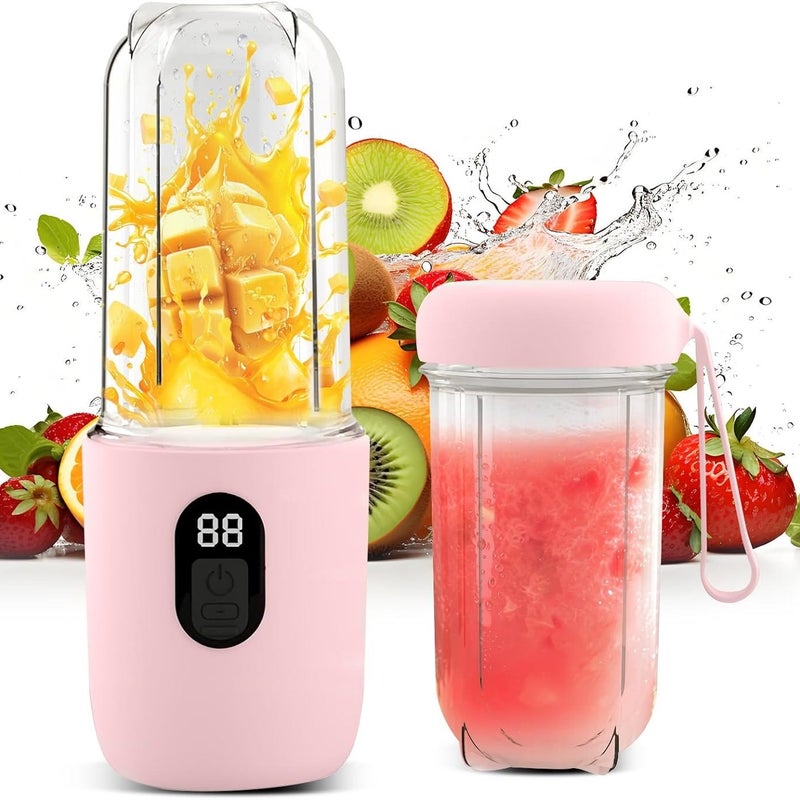 Różowy blender przenośny z wyświetlaczem cyfrowym – 500 ml – 1500 mAh – USB-C – 16 ostrzy ze stali nierdzewnej – bezprzewodowy – mini blender