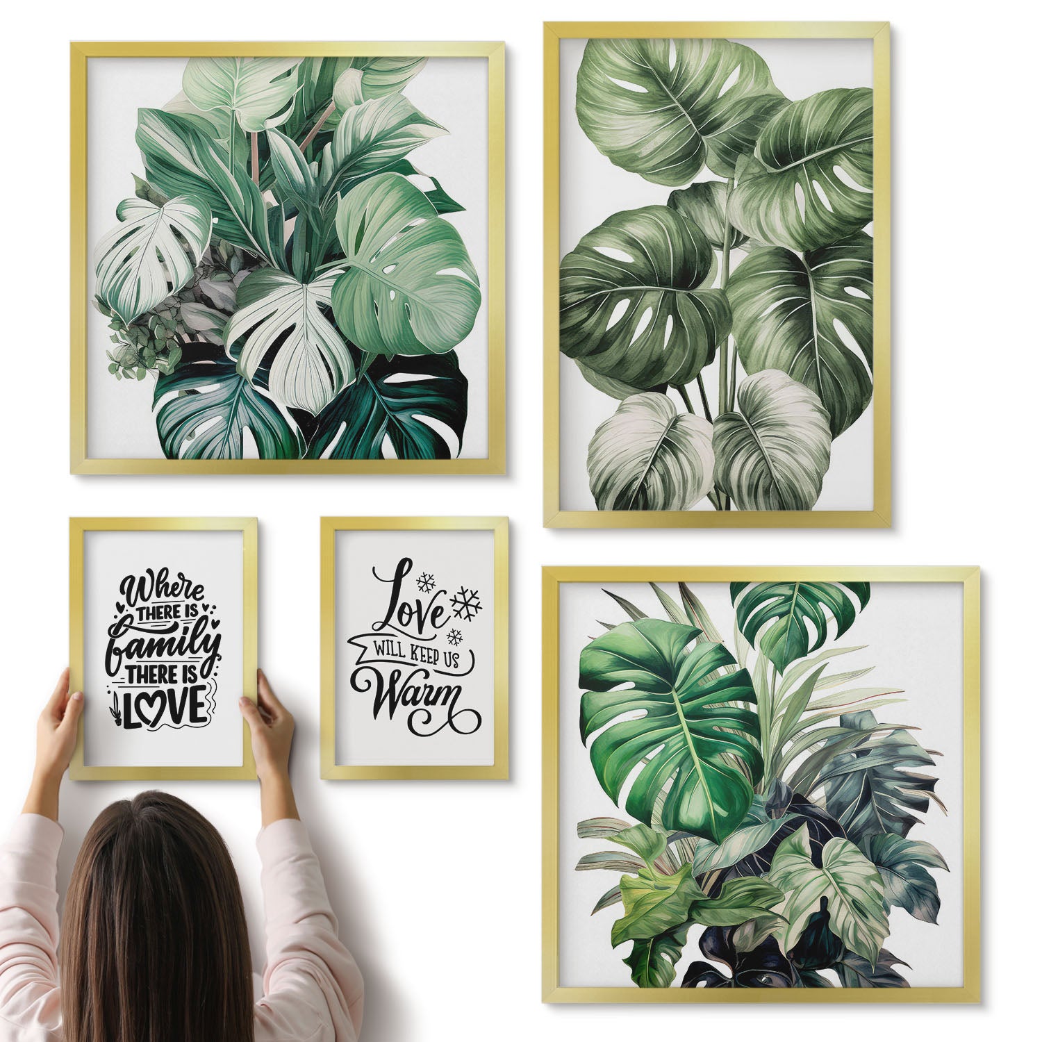Galeria ścienna 5-częściowy komplet obrazów w złotych ramach - Roślinne motywy z inspirującymi cytatami w stylu boho - ArtPrintCave