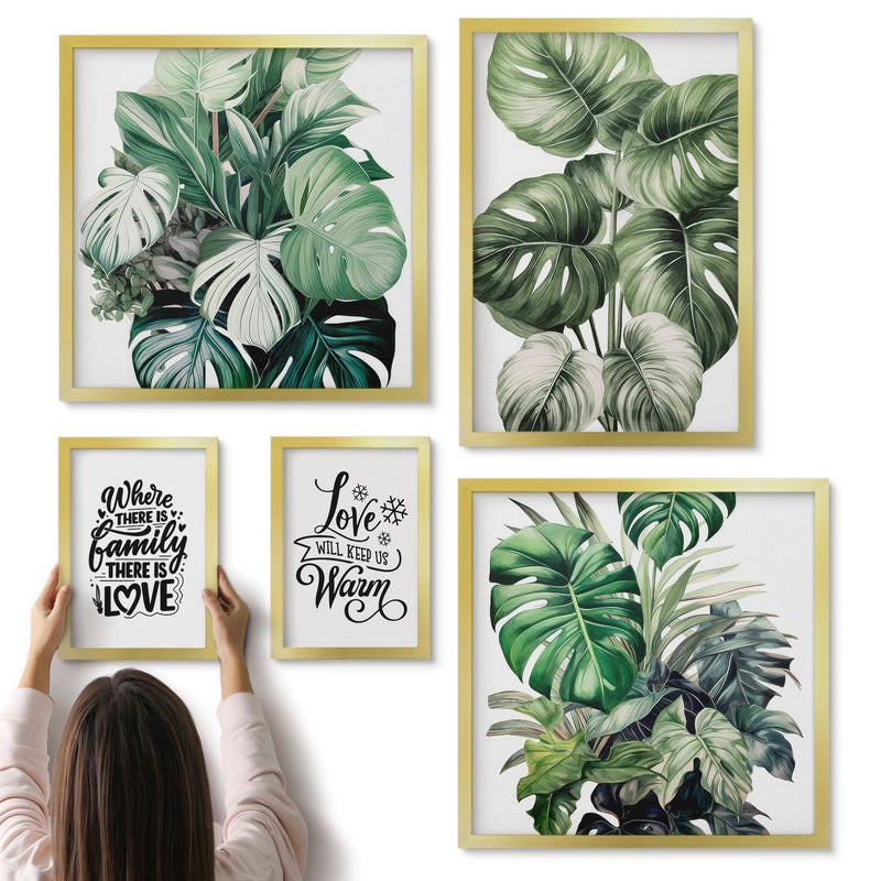Galeria ścienna 5-częściowy komplet obrazów w złotych ramach - Roślinne motywy z inspirującymi cytatami w stylu boho - ArtPrintCave
