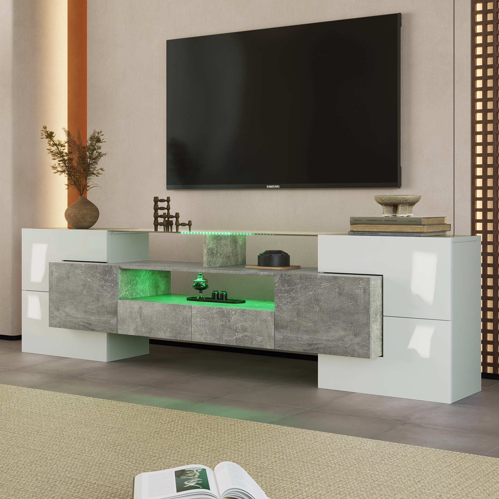 Stolik pod TV 200x35x60 cm - Z oświetleniem LED - 6 drzwi i 2 szuflady - Szklany blat - Wykończenie błyszczące - Biały + szary