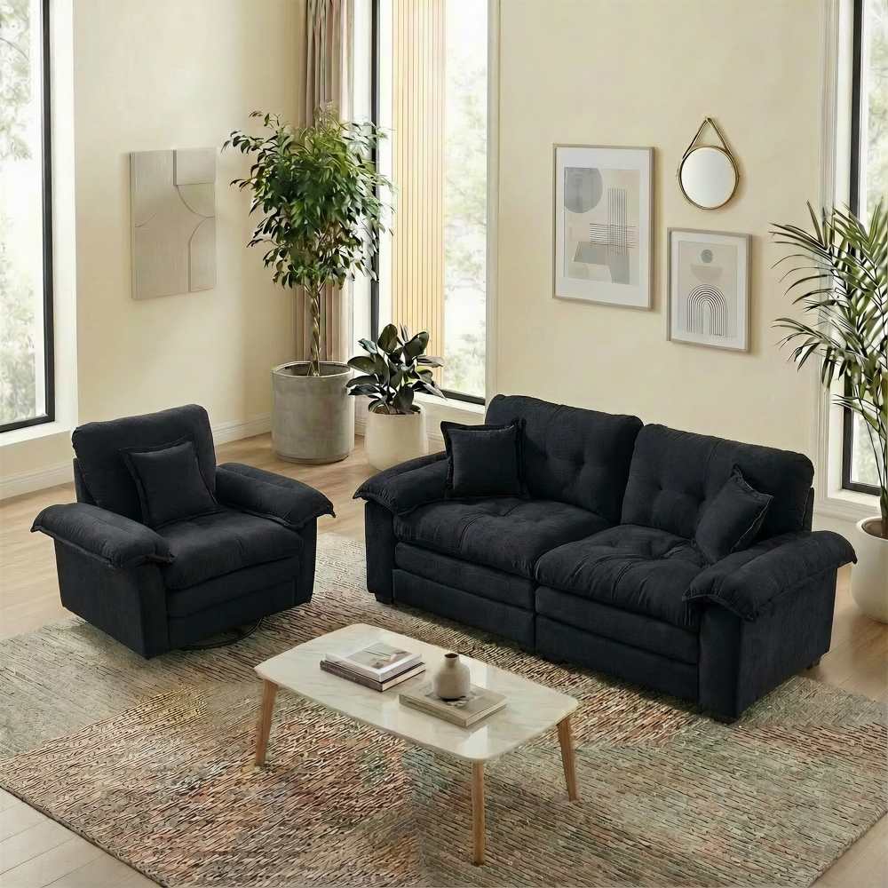 Zestaw wypoczynkowy Chenille 2-częściowy: sofa 1-osobowa + sofa 2-osobowa z dwuwarstwowym siedziskiem i dekoracyjnymi poduszkami
