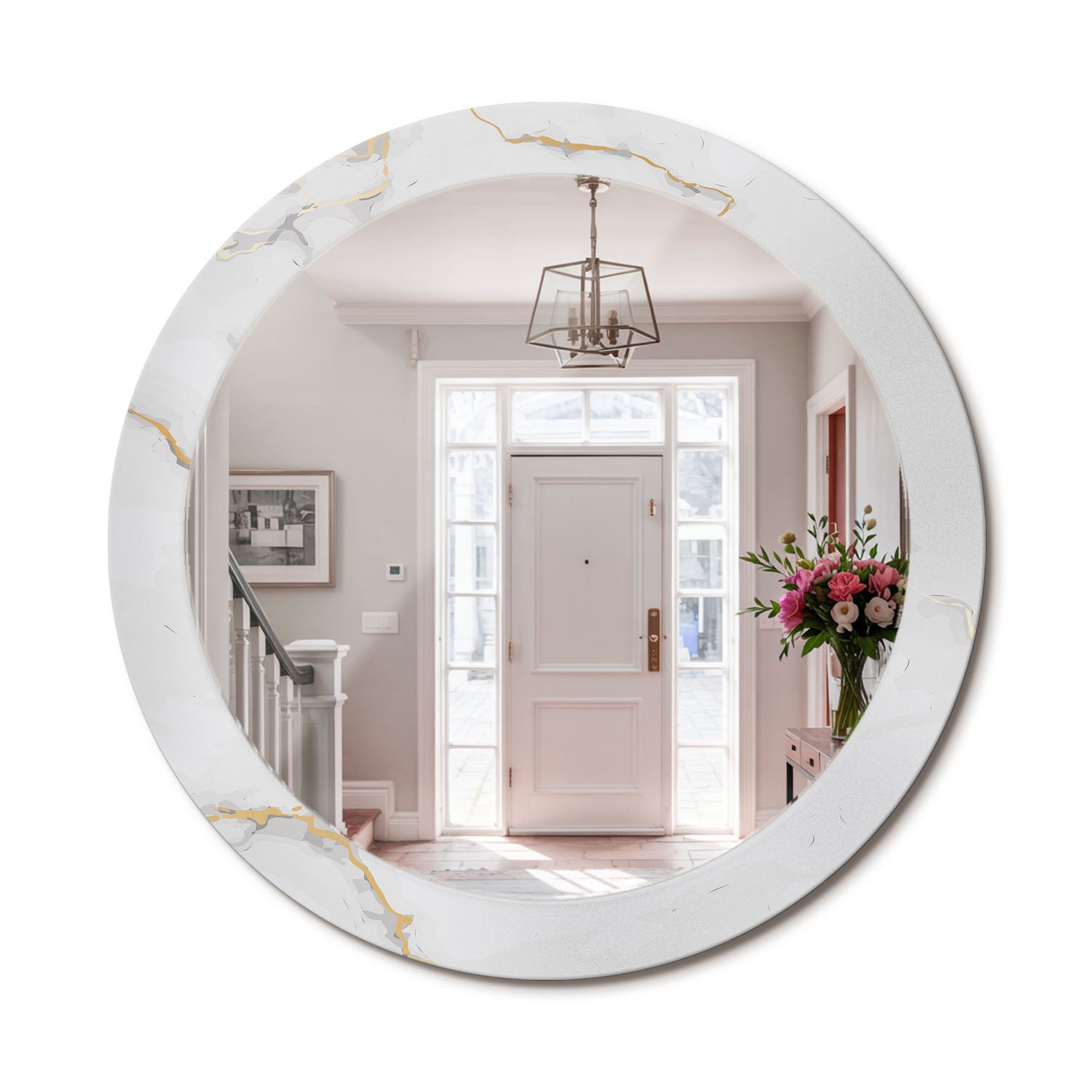 Lustro ścienne dekoracyjne – okrągłe, szklana rama, styl modern Biały marmurek - 80 cm - ArtPrintCave