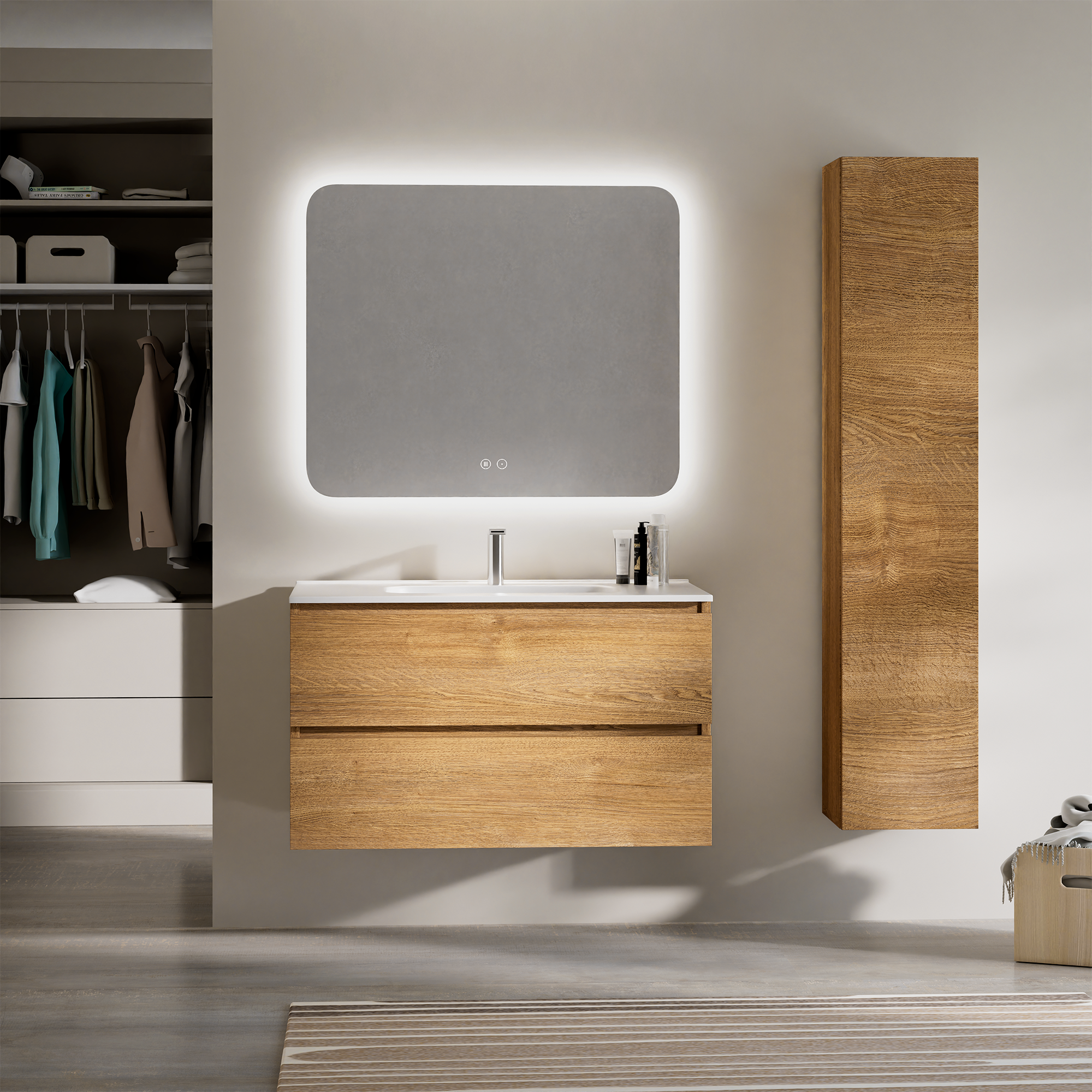Feel Your Bath Zestaw mebli łazienkowych PANTER 100 cm, efekt drewna, 2 szuflady, biała umywalka ceramiczna, prostokątne lustro LED przeciwmgielne