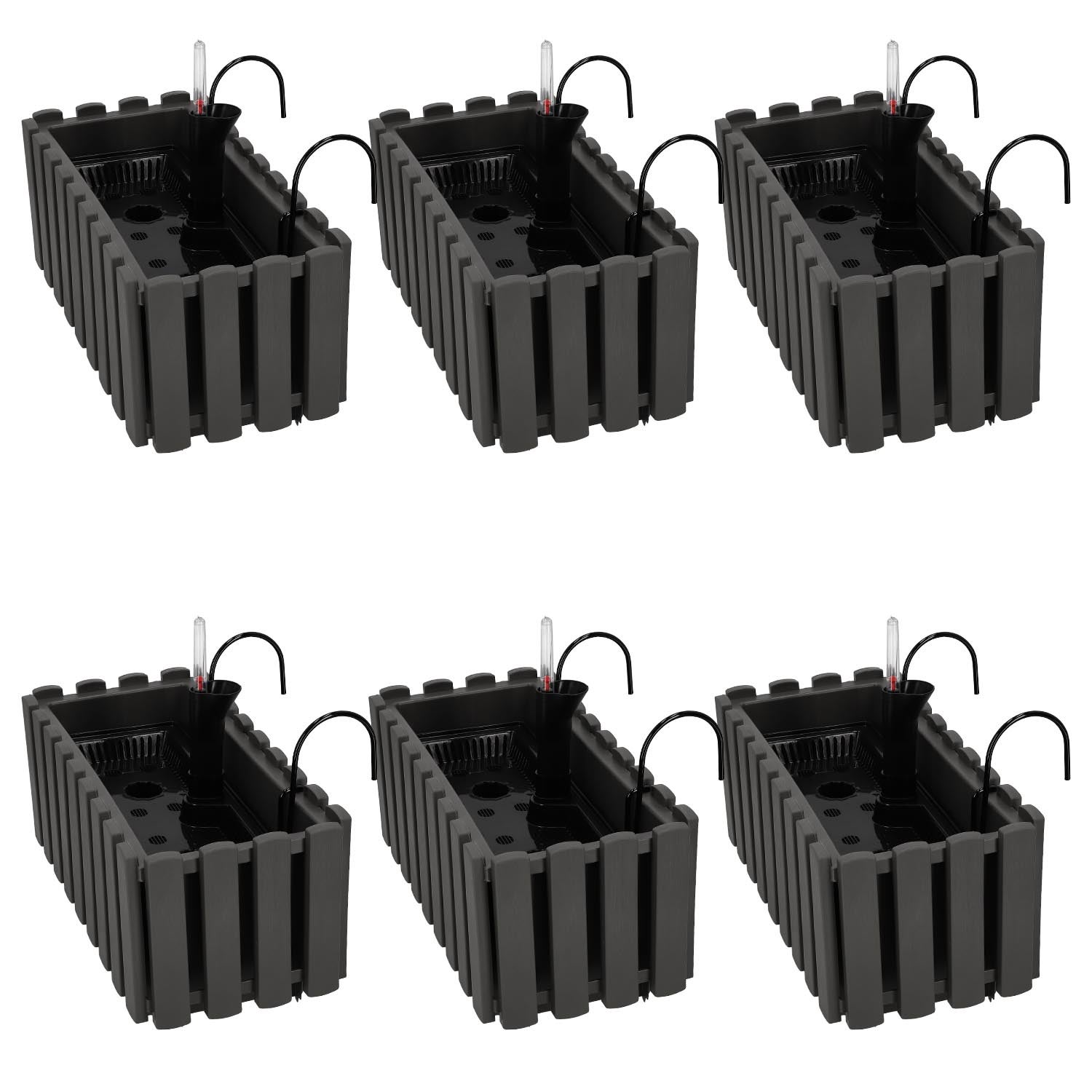 6 szt. Doniczka - Skrzynka Balkonowa - 38 x 18 x 16 cm - na Taras - z Hakami - System Nawadniania - Szara KOTARBAU