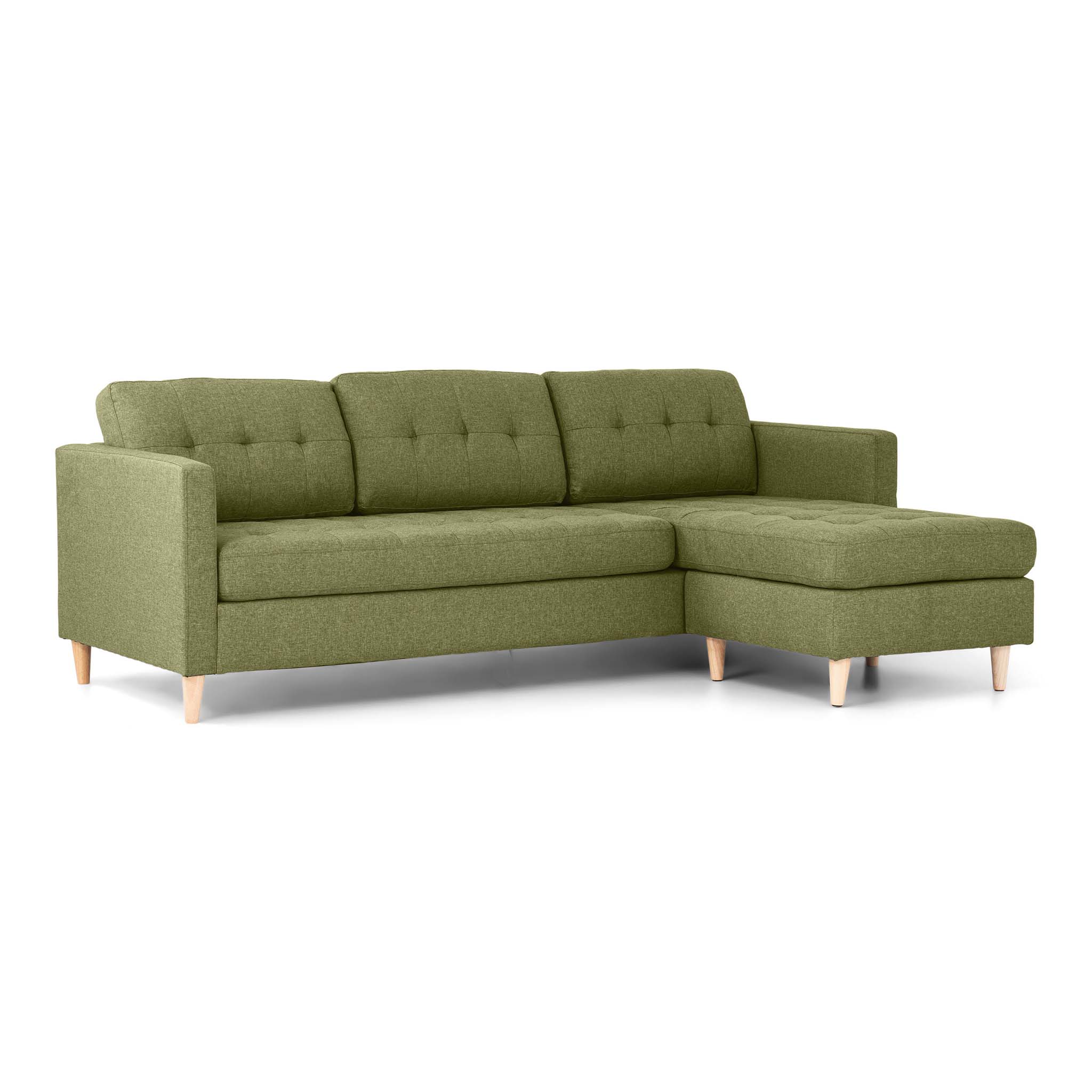 Marino sofa, szezląg prawy albo lewy w zielony tkaninie z drewnianymi nogami.
