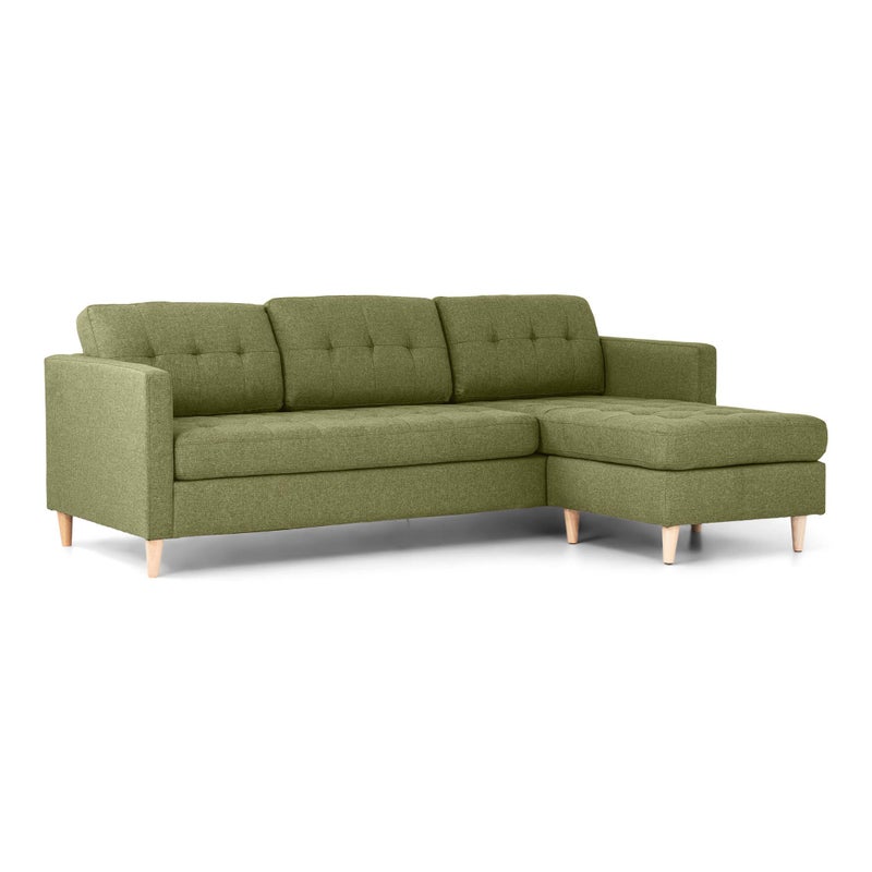 Marino sofa, szezląg prawy albo lewy w zielony tkaninie z drewnianymi nogami.