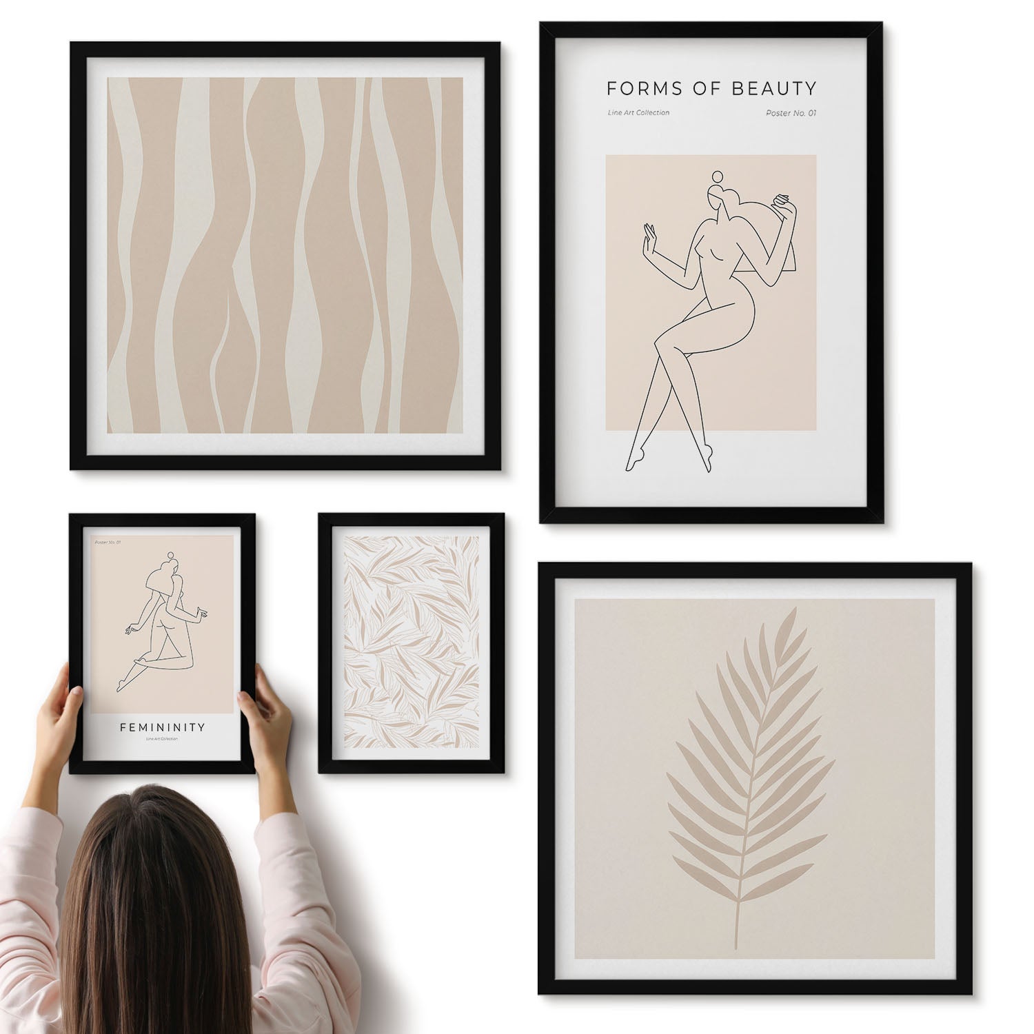 Galeria ścienna 5-częściowy komplet obrazów w czarnych ramach - Stylowe grafiki z kobiecymi sylwetkami i roślinnymi motywami - ArtPrintCave