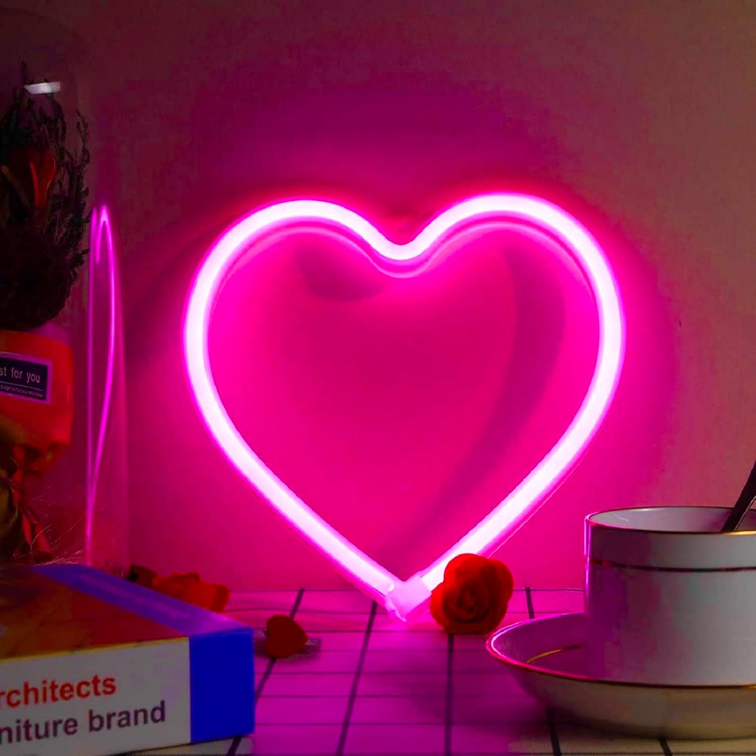 Różowy neonowy znak serca, lampa dekoracyjna LED zasilana bateriami lub przez USB, lampa stołowa i ścienna do pokoju dziewczęcego, akademika, ślubu