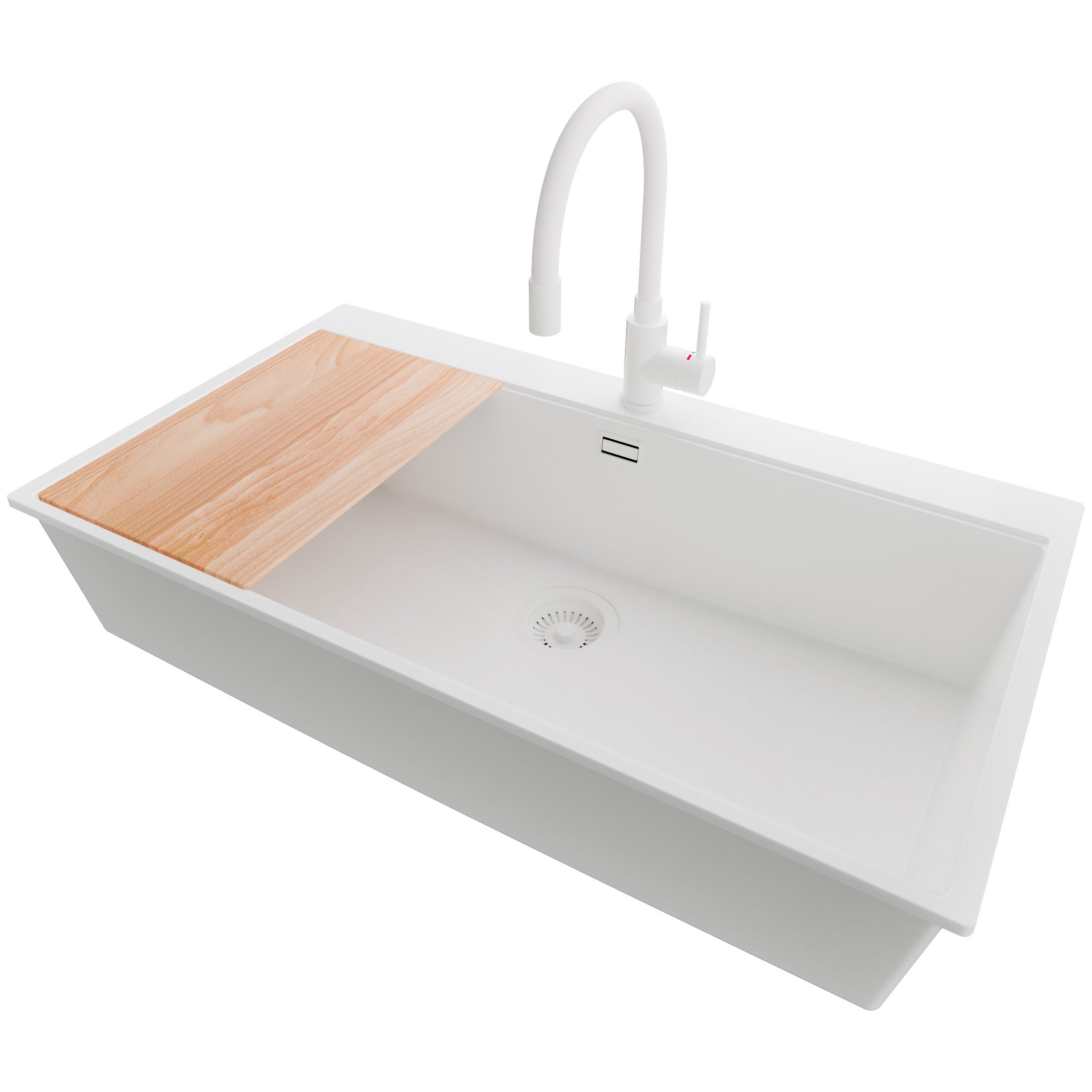 Zlewozmywak Granitowy Cały Biały 88x50cm, Zlew Kuchenny 1 Komorowy + Bateria 38x14cm + Syfon + Deska, Nablatowy do szafki od 90cm - Oslo PRIMAGRAN