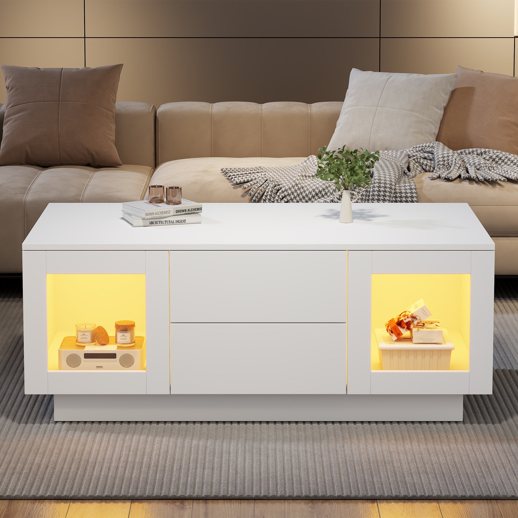 Stolik kawowy 100 x 50 x 40 cm - Oświetlenie LED sterowane aplikacją - 2 szuflady i 2 drzwiczki ze szkła - MDF - Biały