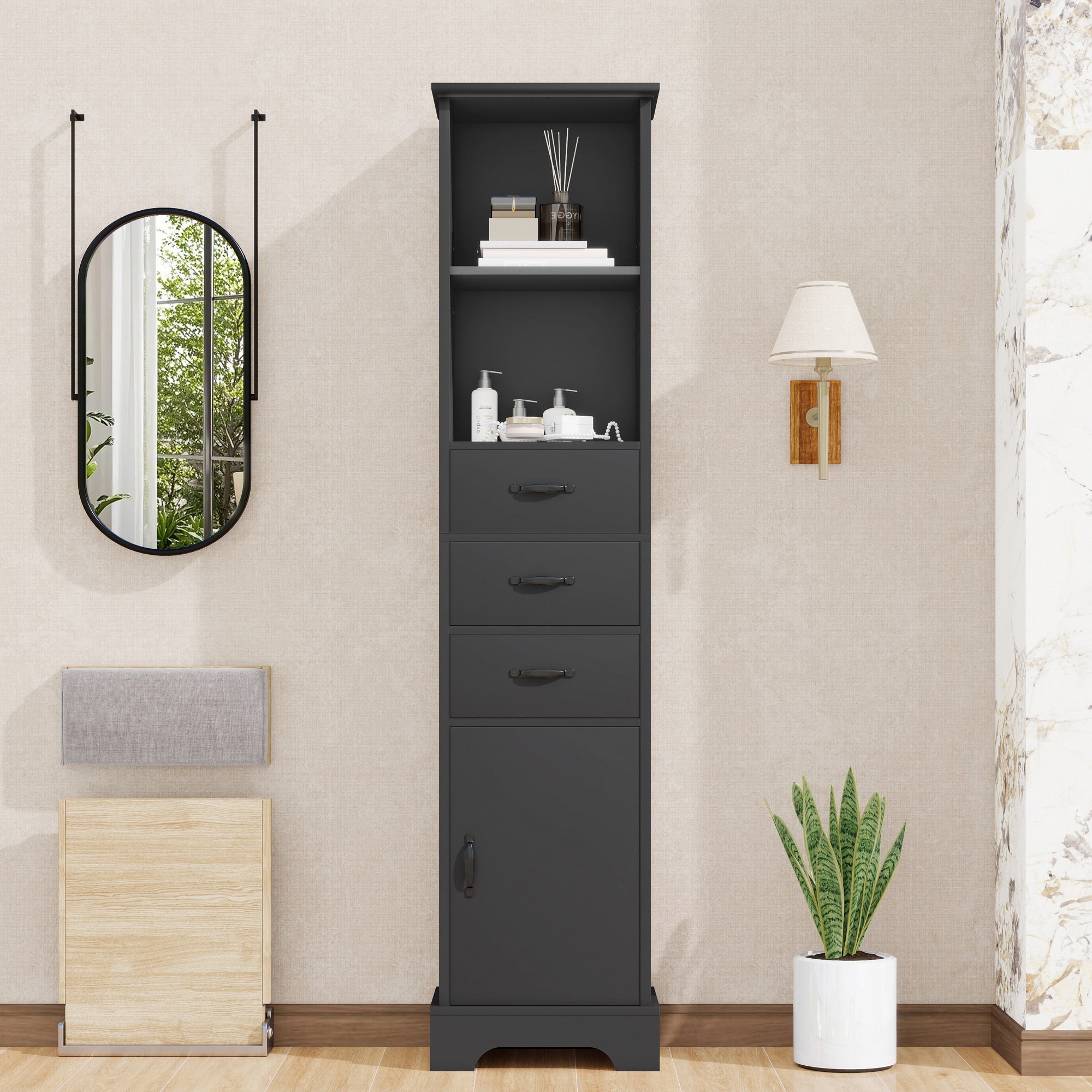 Witryna z 1 drzwiami, 3 szufladami i 2 otwartymi półkami - 38 x 26 x 172,5 cm - MDF - Uchwyty metalowe - Czarny
