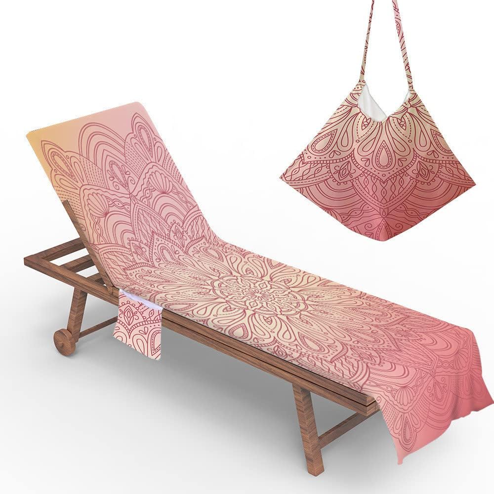 Czerwono-pomarańczowy, 75x210 cm, pokrowiec na leżak plażowy z mikrofibry, ręcznik plażowy z motywem mandali z kieszeniami do przechowywania, pok