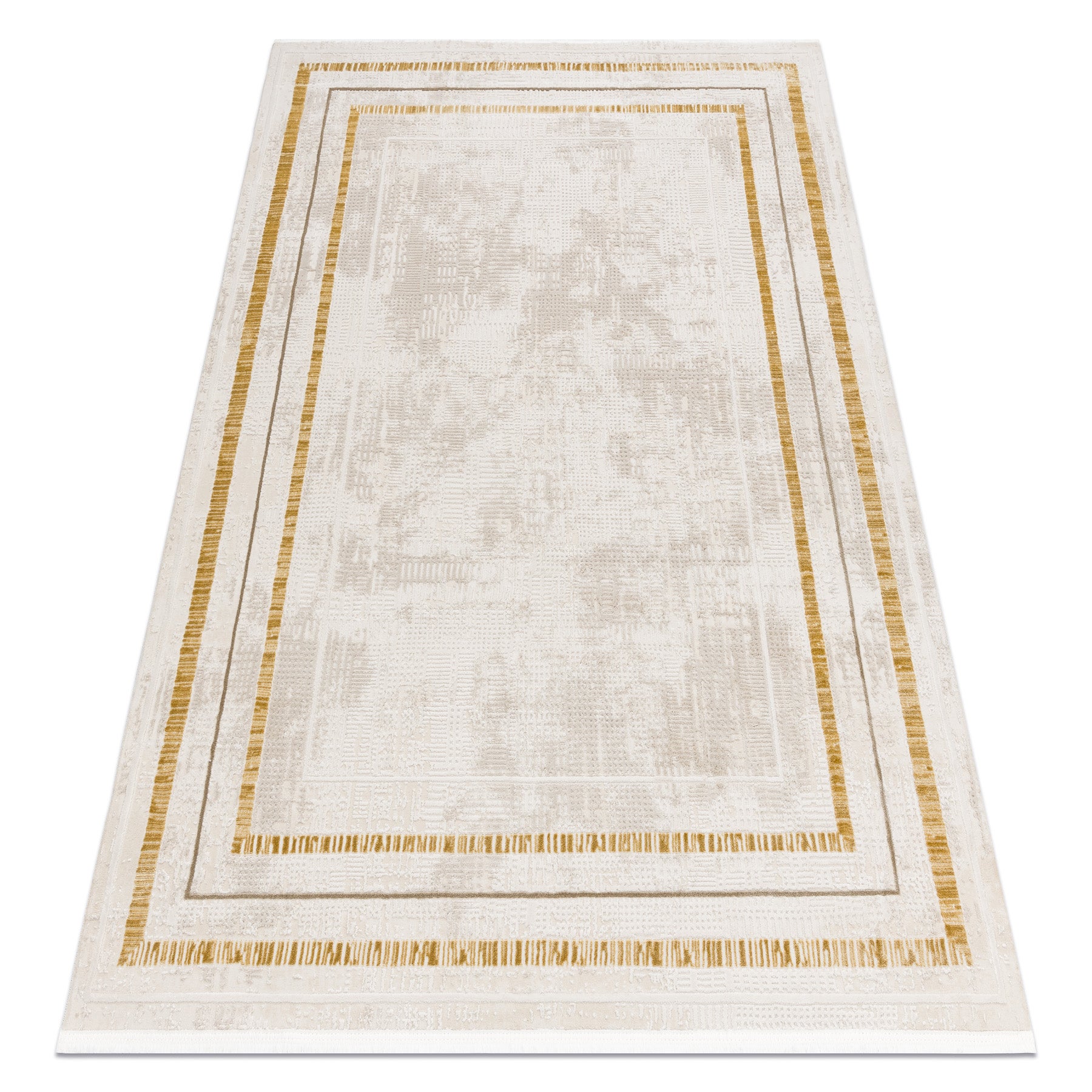 Dywan DUKE 51523 krem / złoty - Ramka, strukturalny, bardzo miękki, frędzle 180x270 cm