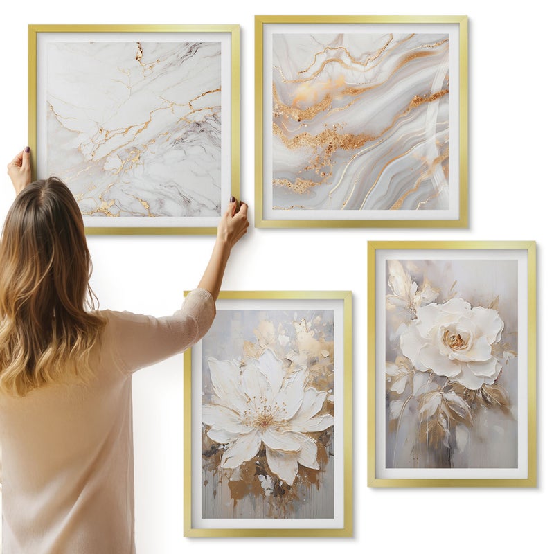 Galeria ścienna 4-częściowy komplet obrazów w złotych ramach - Kwiaty i abstrakcyjny wzór marmuru - ArtPrintCave