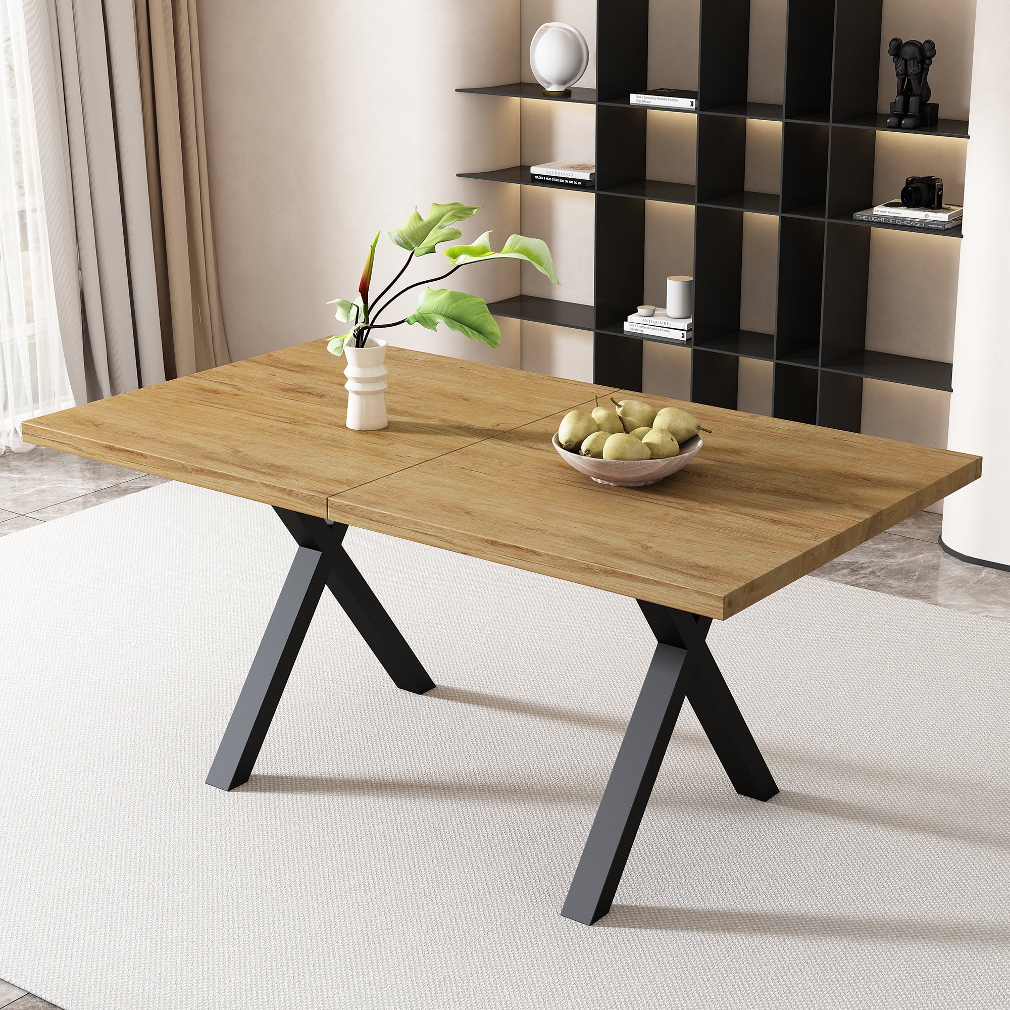 Prostokątny stół jadalny dla 4-6 osób - 140 x 80 x 76 cm - MDF i nogi z kutego żelaza - Dąb