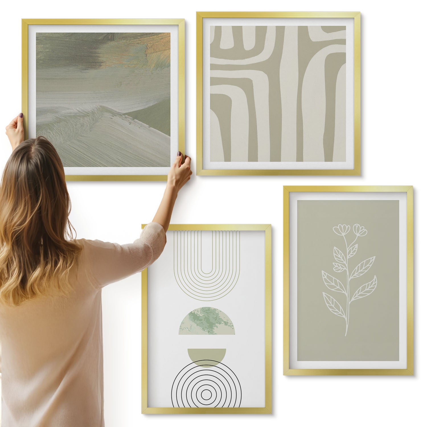 Galeria ścienna 4-częściowy komplet obrazów w złotych ramach - Wzory geometryczne z roślinnymi akcentami w odcieniach zieleni - ArtPrintCave