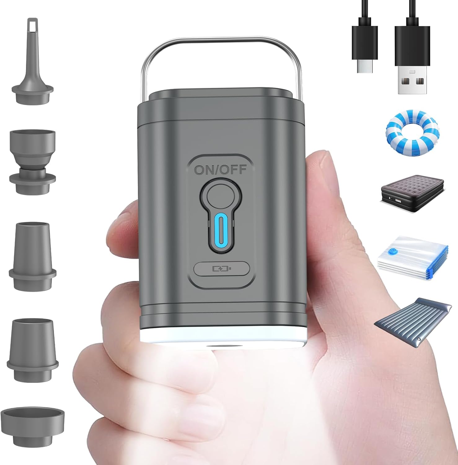 Elektryczna pompka powietrza, miniaturowa przenośna wielofunkcyjna pompka powietrza zasilana bateryjnie z 5 dyszami - szara