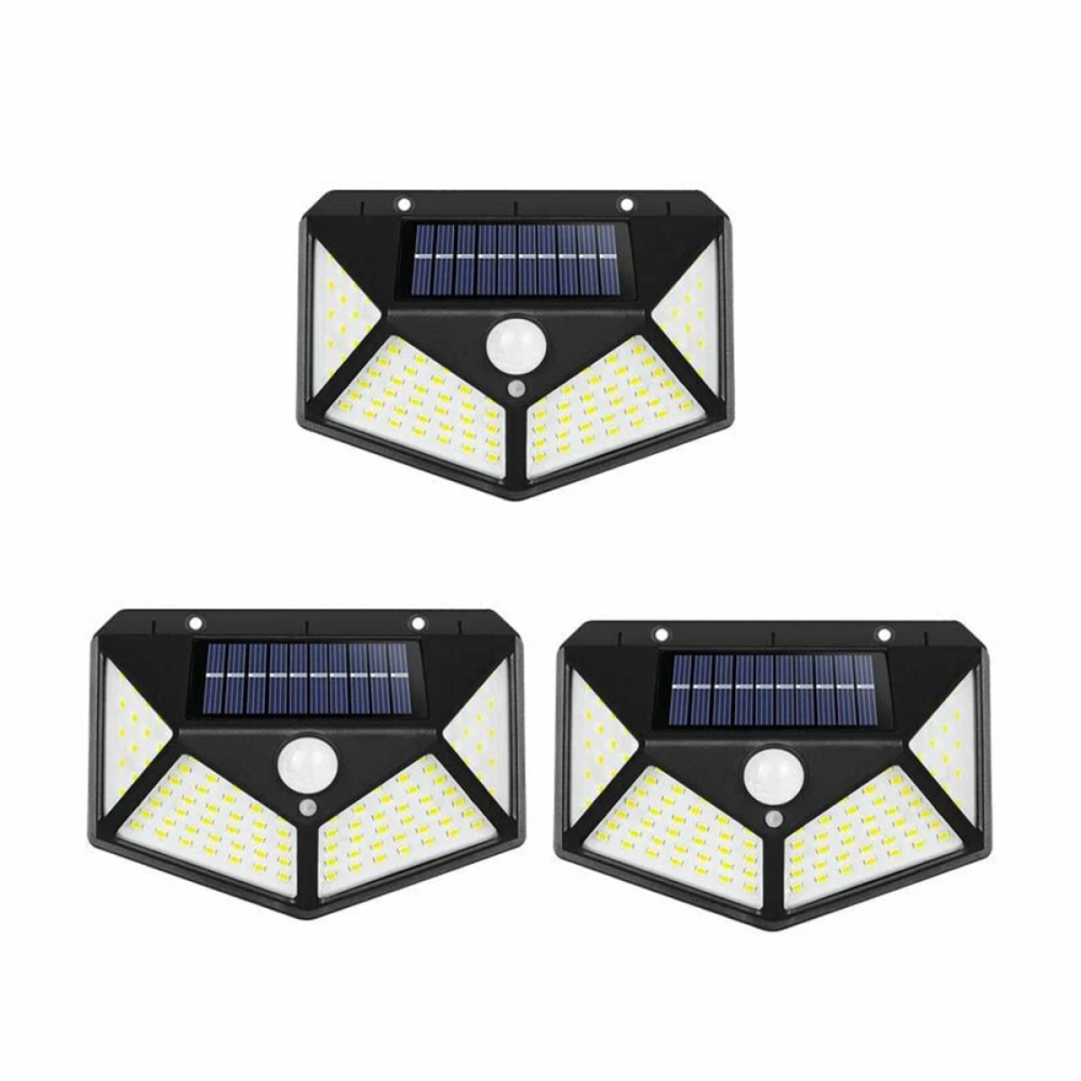 Zestaw 3 lamp solarnych zewnętrznych, kąt świecenia 270°, z czujnikiem ruchu, wodoodpornych IP65, idealnych do ogrodu.