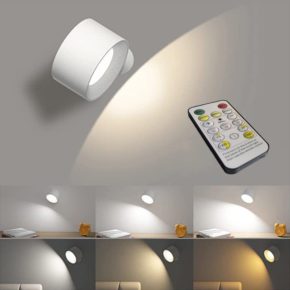 2 lampy ścienne z pilotem, bezprzewodowe USB, regulowane oświetlenie, 3 poziomy jasności/koloru, obrót o 360°, lampka nocna, magnes na szafkę