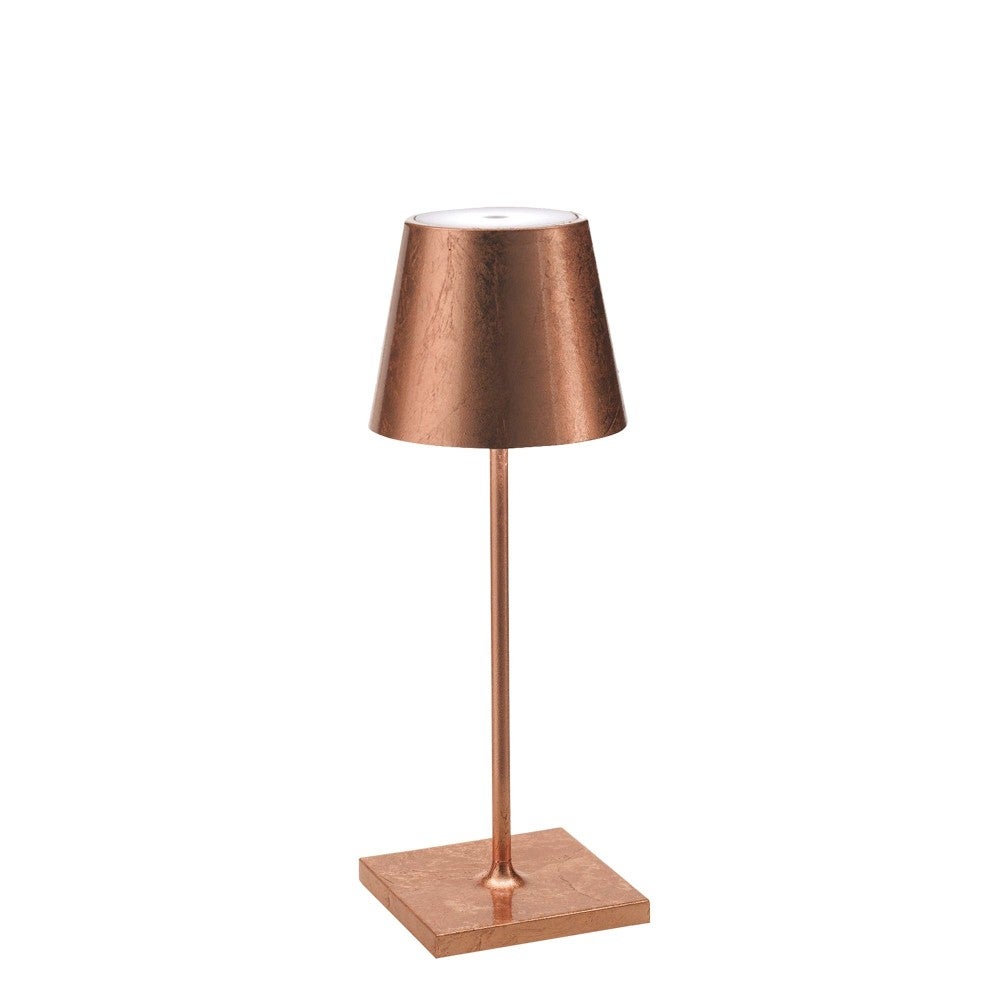 Lampa stołowa LED Zafferano Poldina Pro Mini Copper Leaf, ładowalna i ściemnialna, z czasem pracy baterii do 12 godzin
