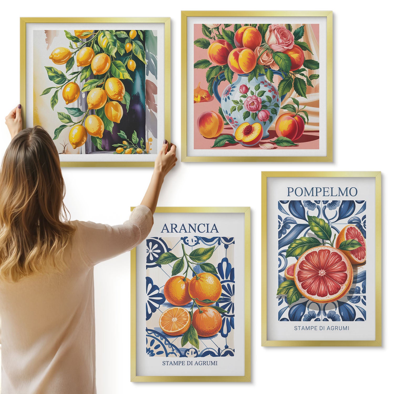 Galeria ścienna 4-częściowy komplet obrazów w złotych ramach - Cytrusy w stylu włoskim modne postery - ArtPrintCave