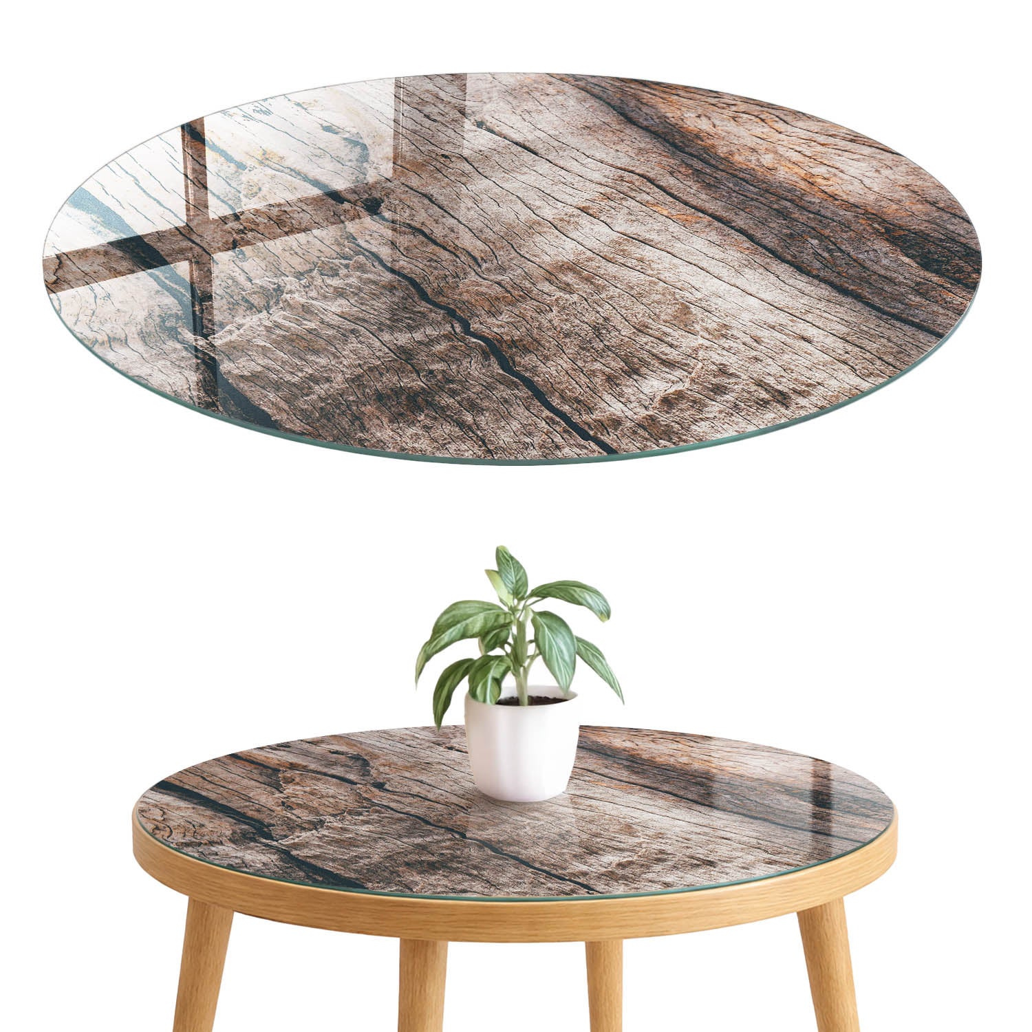 Szklany blat hartowany z wzorem 4 mm - elegancka dekoracja i maskowanie blatu fi60 cm Faktura drewna