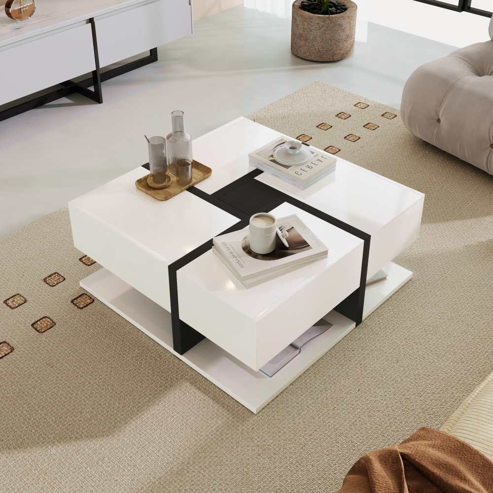 Hochglanz-Couchtisch mit 4 Schubladen, nowoczesny Quadrat-Design, kreatywny Farb- und Liniendesign, stabilny Ablage 78x78x34,8cm