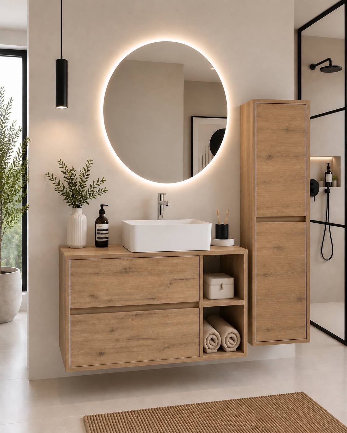 Szafka łazienkowa z drewnianym blatem i umywalką nablatową ORIGENBATH ZEUS bez lustra 90x45 cm Prawa strona Estepa z kolumną