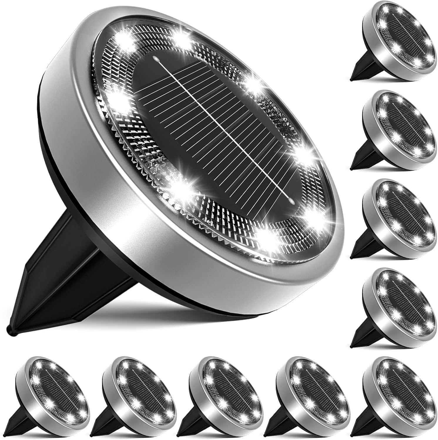 Lampa solarna, lampa gruntowa LED, oświetlenie ogrodowe, 8 diod LED, wodoodporna, [zimne białe światło], opakowanie 10 sztuk