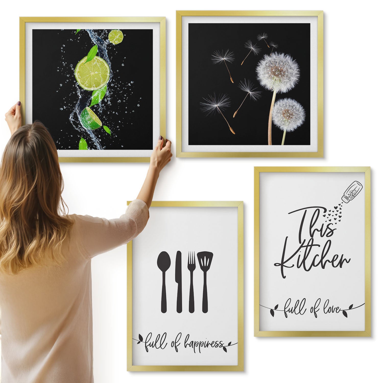 Galeria ścienna 4-częściowy komplet obrazów w złotych ramach - Dmuchawce soczyste limonki kuchenne napisy - ArtPrintCave