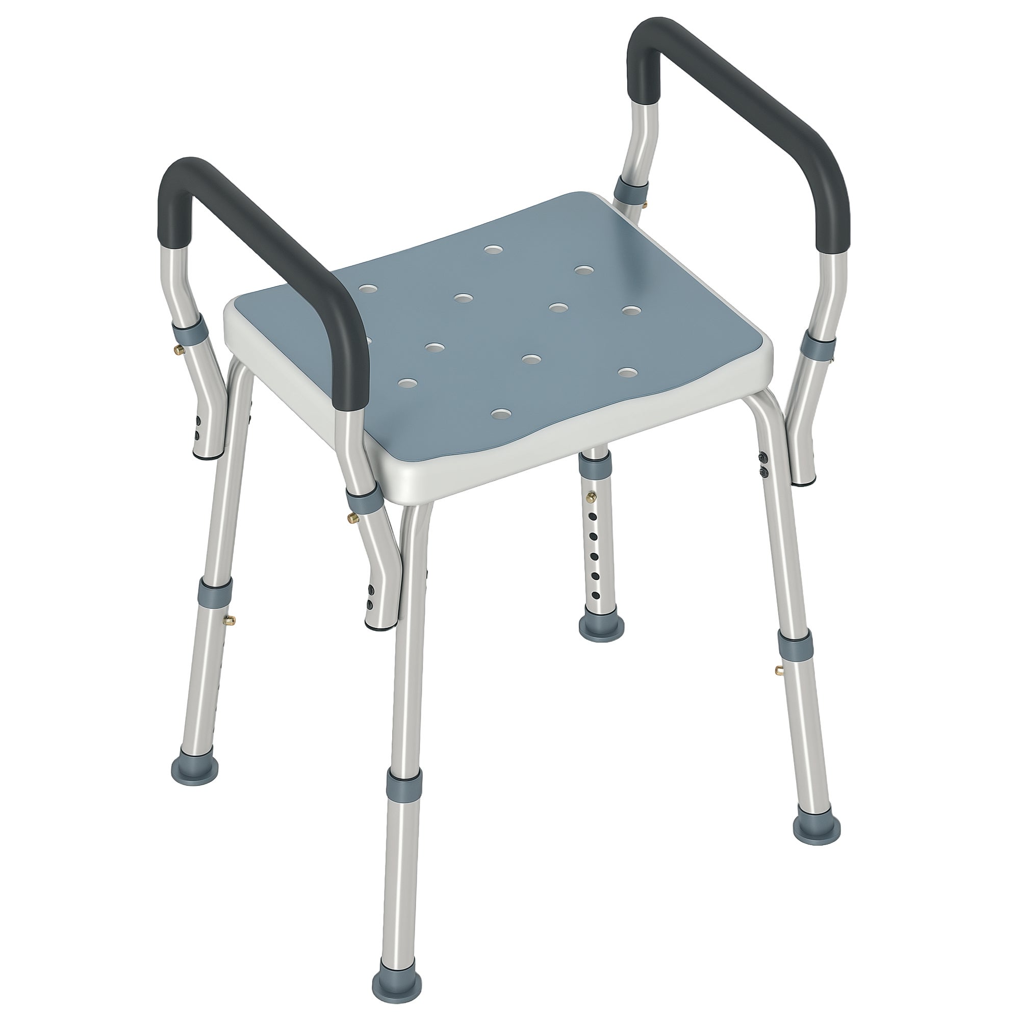Regulowany stołek prysznicowy z podłokietnikami i otworami odpływowymi, wykonany z aluminium, HDPE i EVA, 52 x 45 x 57-69 cm