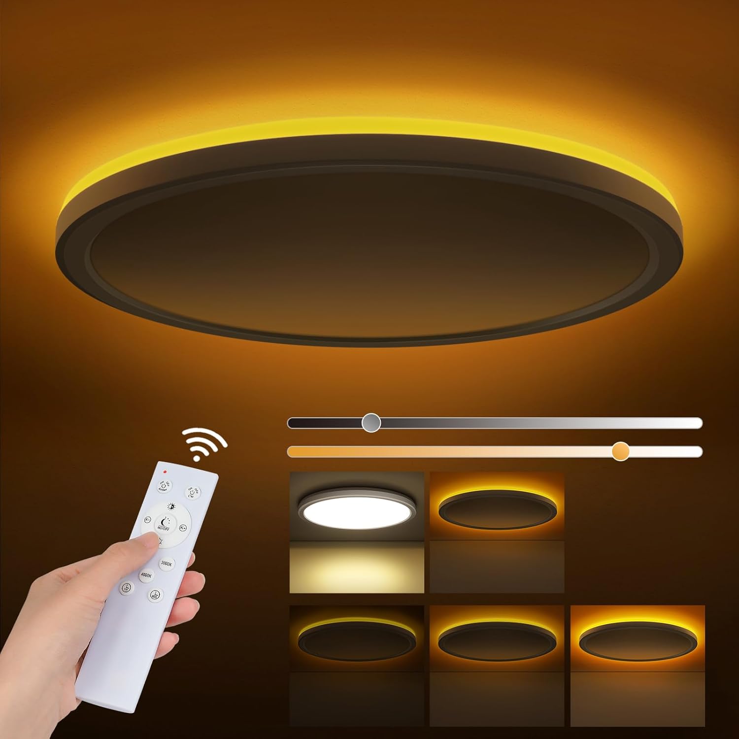 24W ściemnialna lampa sufitowa LED, lampa sufitowa LED z pilotem, ściemnialna lampka nocna 1800K, panel 3000K-6500K, ultracienka okrągła lampa sufitow