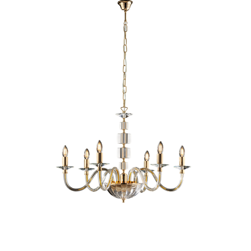 Lampadario in oro con vetro trasparente e strass 6 luci H.56 - MAX 116 - Ø77