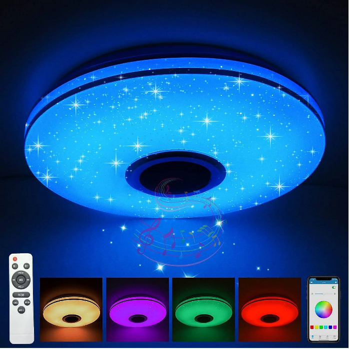 Inteligentna lampa sufitowa RGB z głośnikiem Bluetooth, regulowana barwa światła do salonu i sypialni