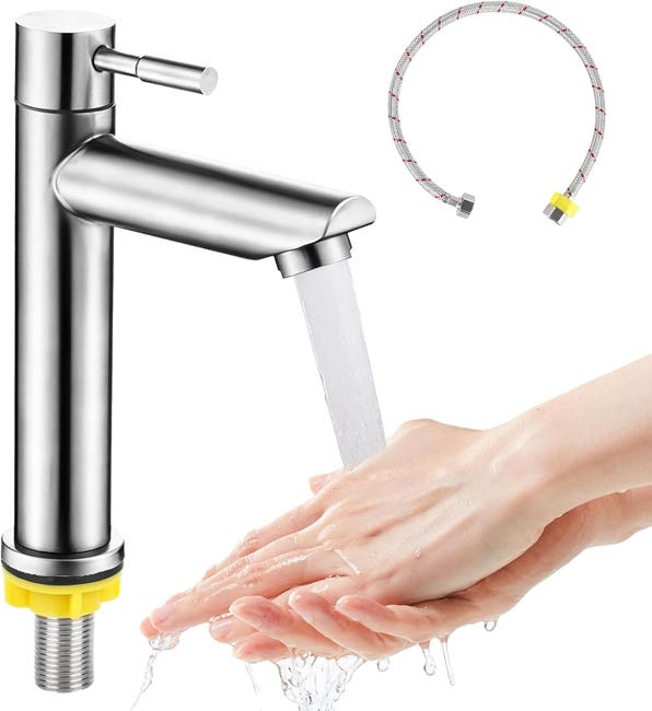 Kran ze stali nierdzewnej do zimnej wody - Kran umywalkowy - Jednouchwytowy z wężem elastycznym 60 cm - Do WC, łazienki, kuchni