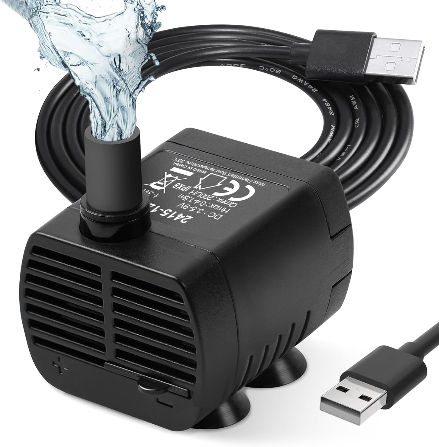Ultracicha pompa akwariowa USB 200 l/h, 3 W, do stawów, fontann i akwariów, przewód zasilający 1,5 m, kolor czarny